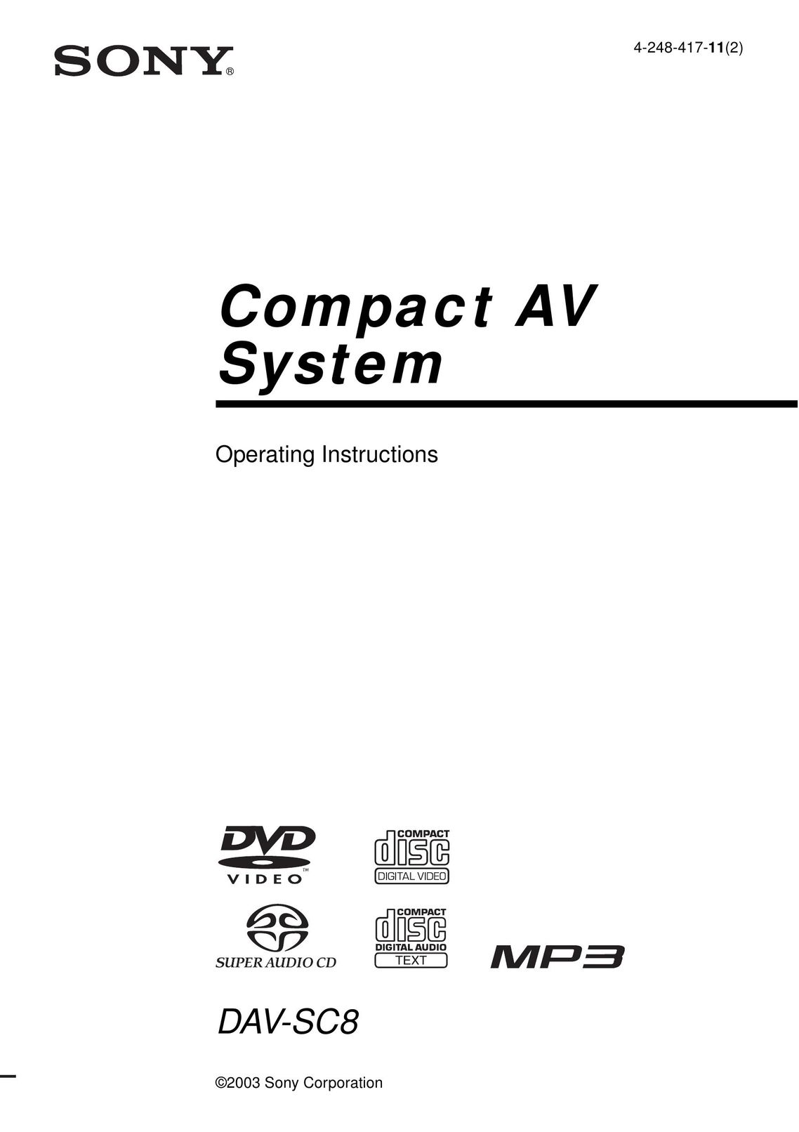Sony DAV-SC8 Stereo Receiver User Manual