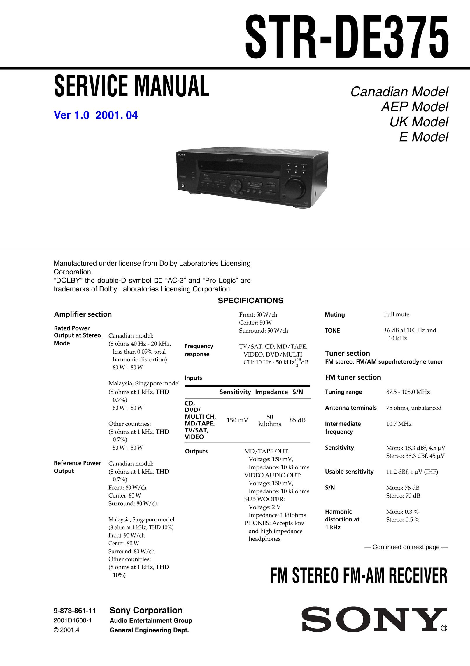 Sony Ericsson STR-DE375 Stereo Receiver User Manual