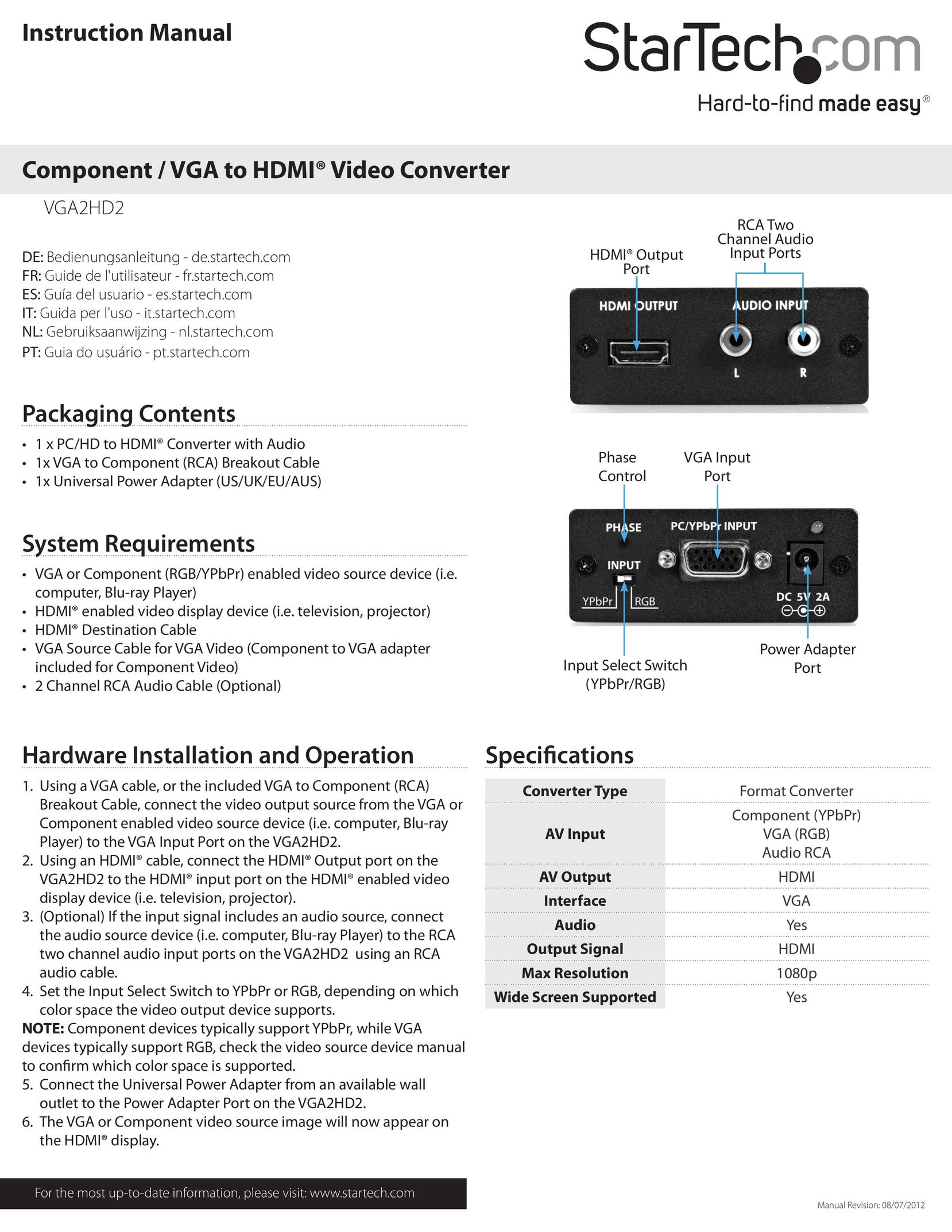 StarTech.com VGA2HD2 Stereo Receiver User Manual