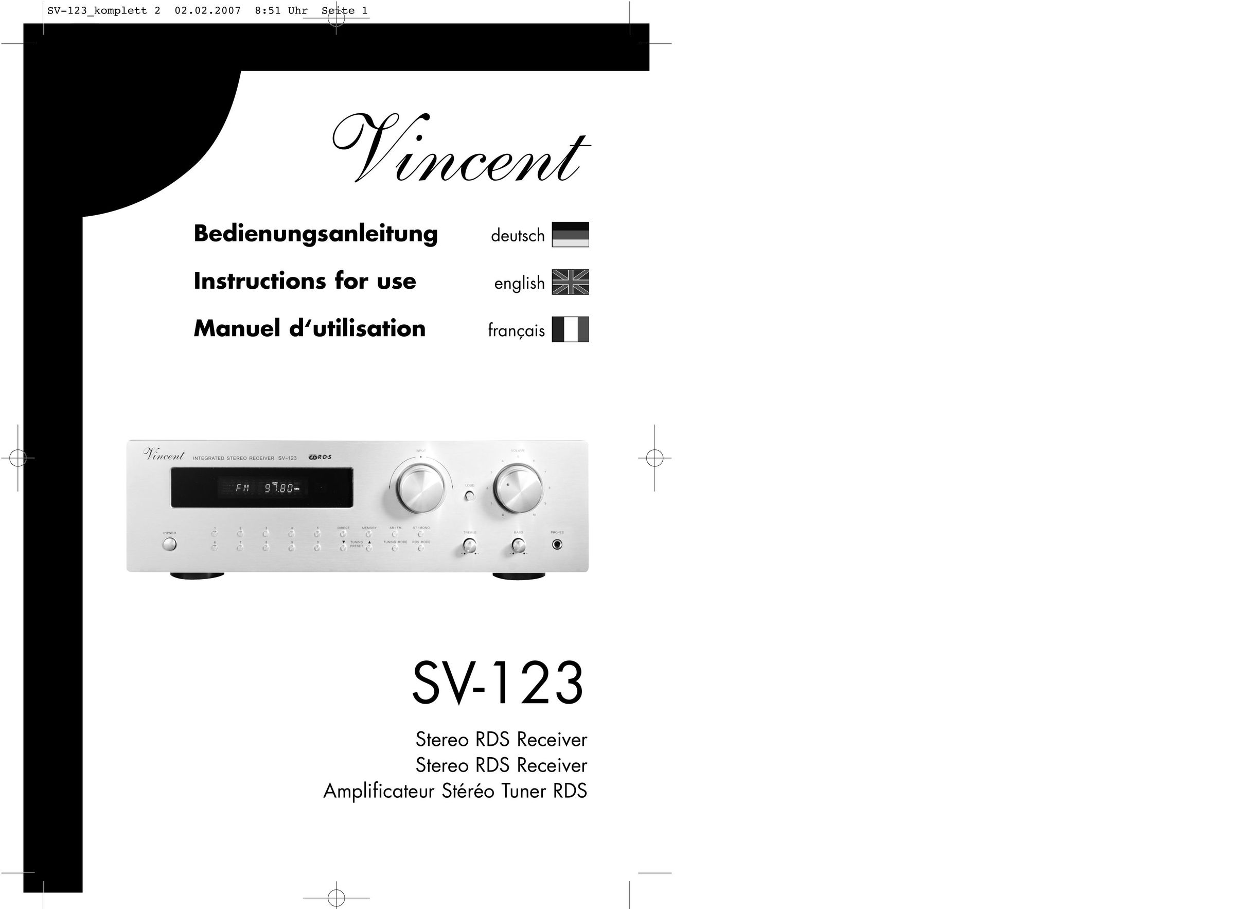 Vincent Audio SV-123 Stereo Receiver User Manual