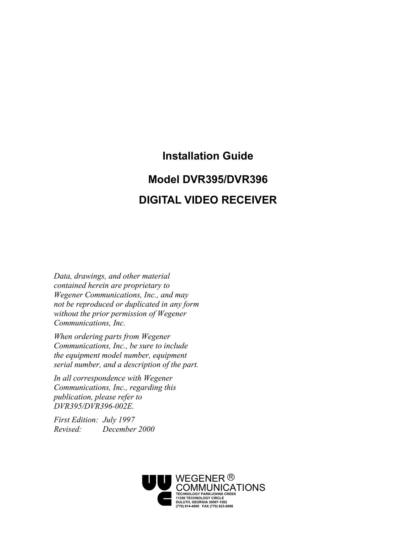 Wegener Communications DVR395 Stereo Receiver User Manual