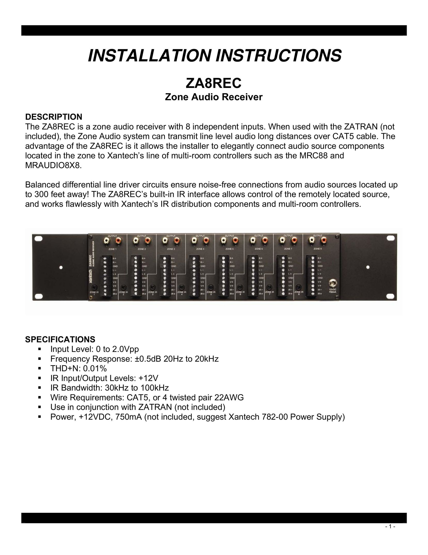 Xantech ZA8REC Stereo Receiver User Manual