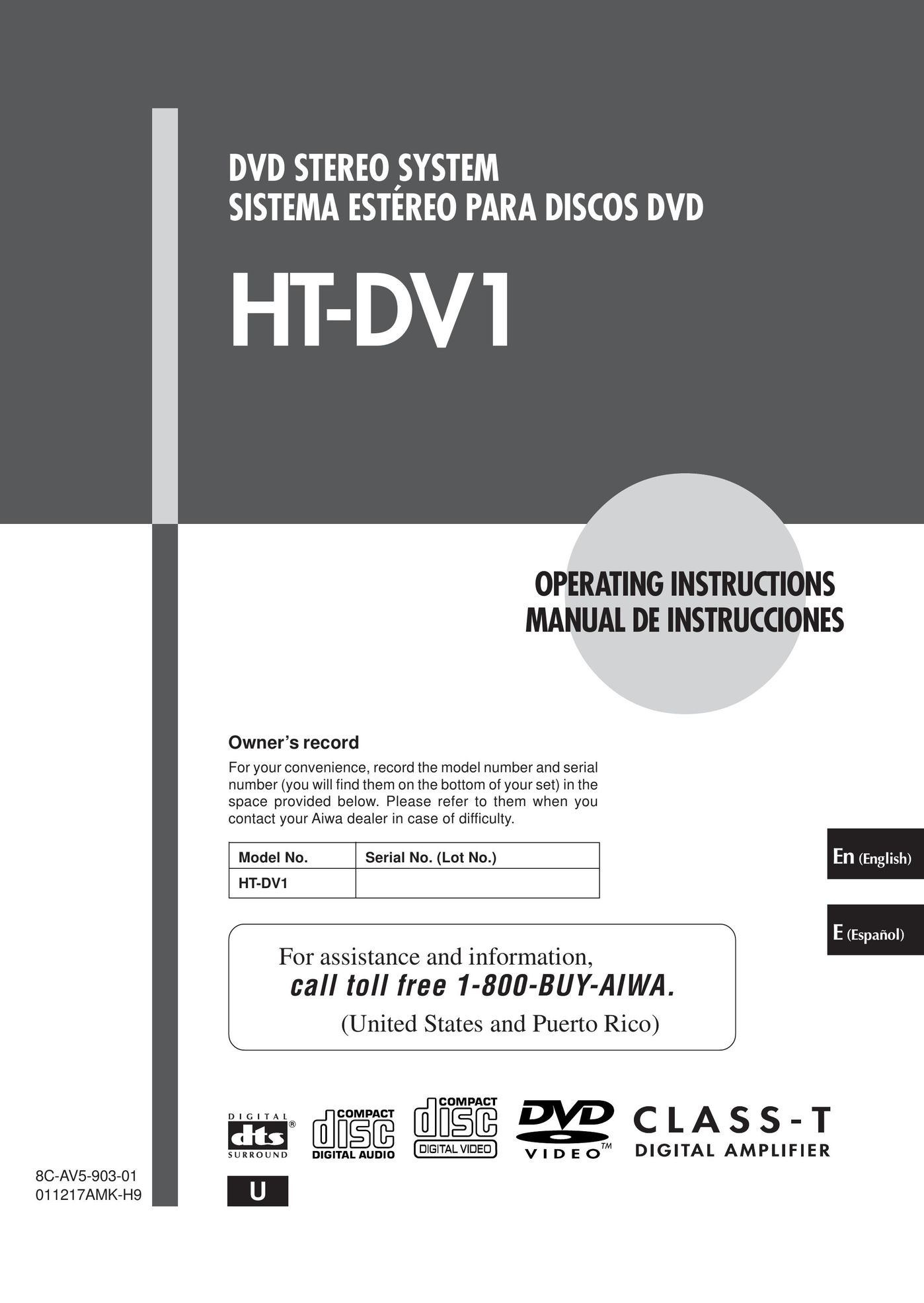Aiwa HT-DV1 Stereo System User Manual