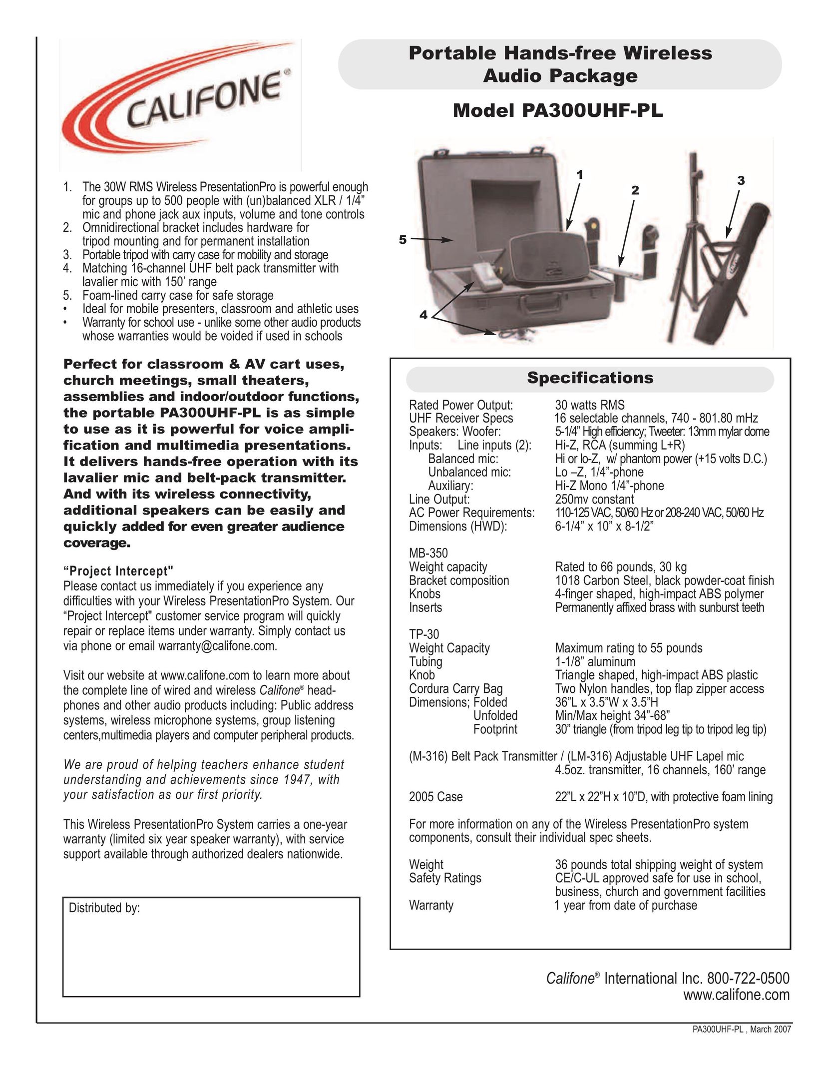 Califone PA300UHF-PL Stereo System User Manual