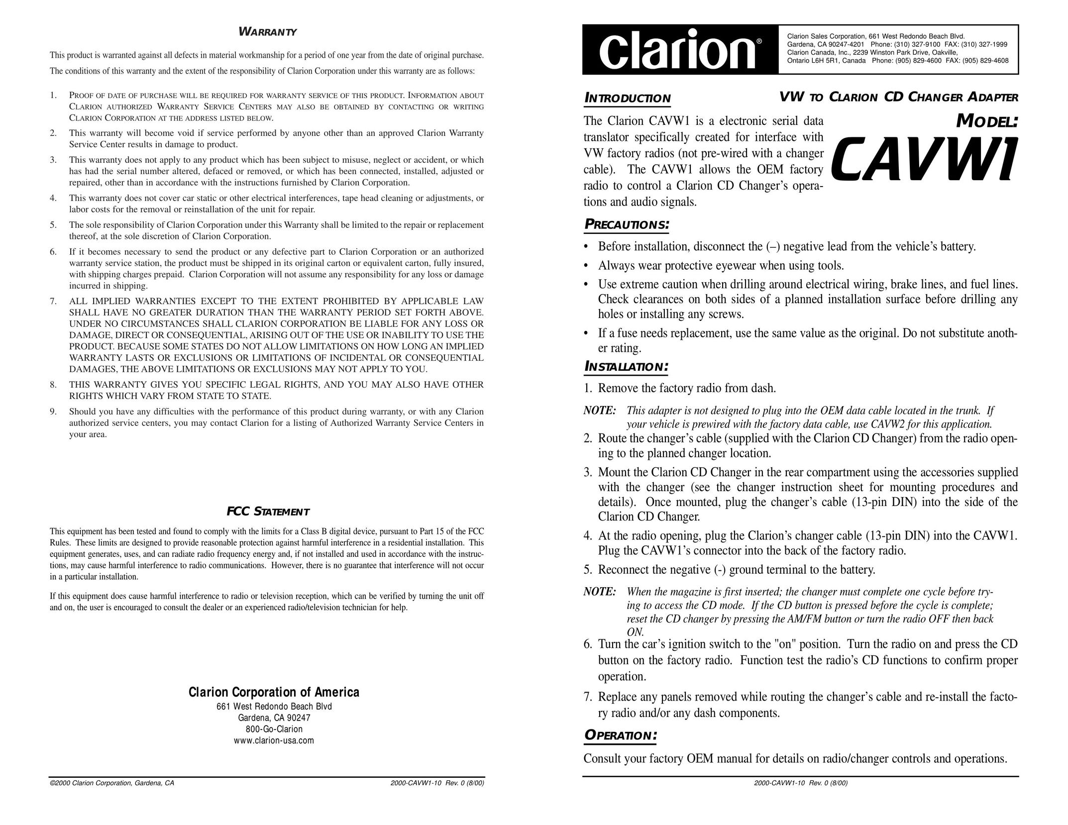 Clarion CAVW1 Stereo System User Manual