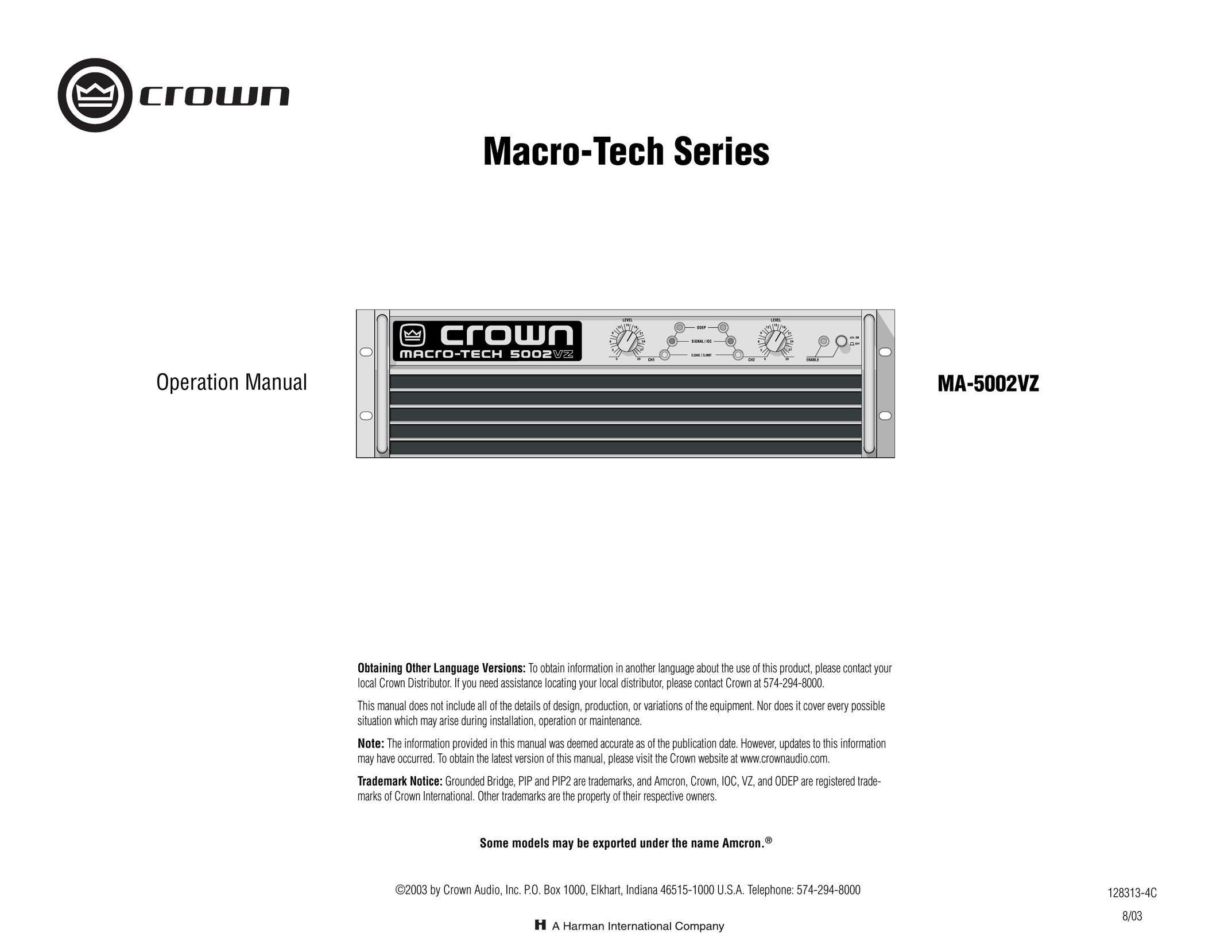 Crown Audio MA-5002VZ Stereo System User Manual