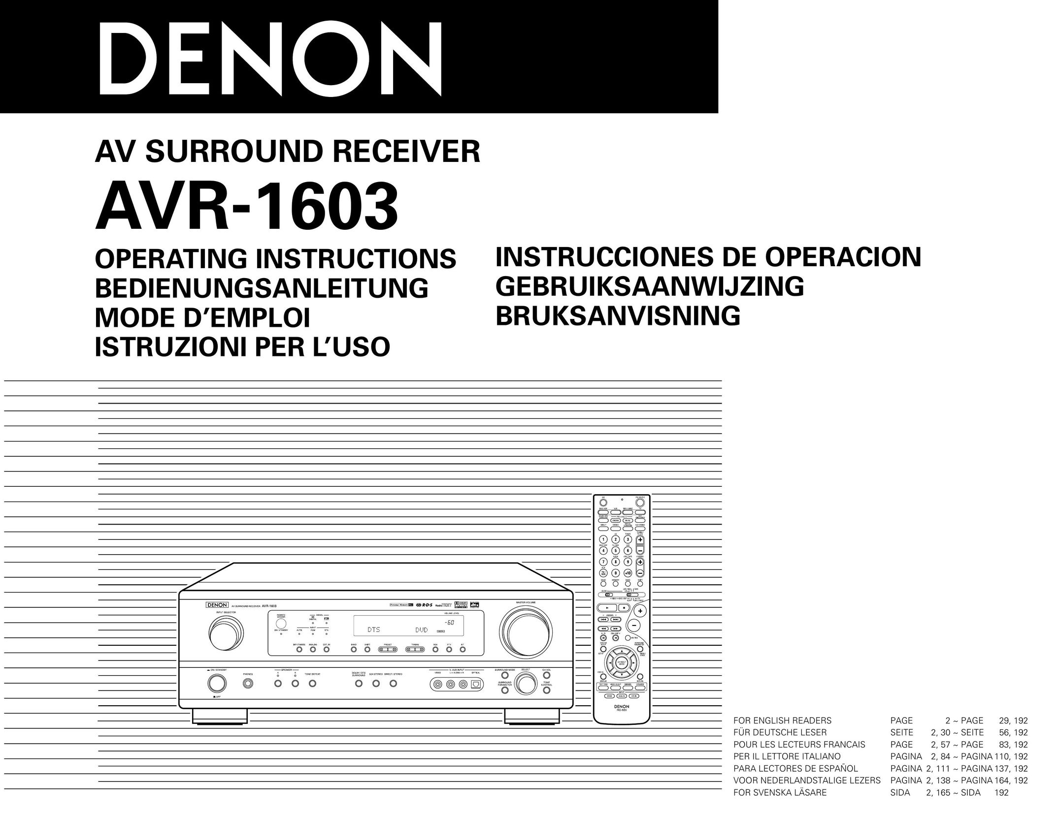 Denon AVR-1603 Stereo System User Manual