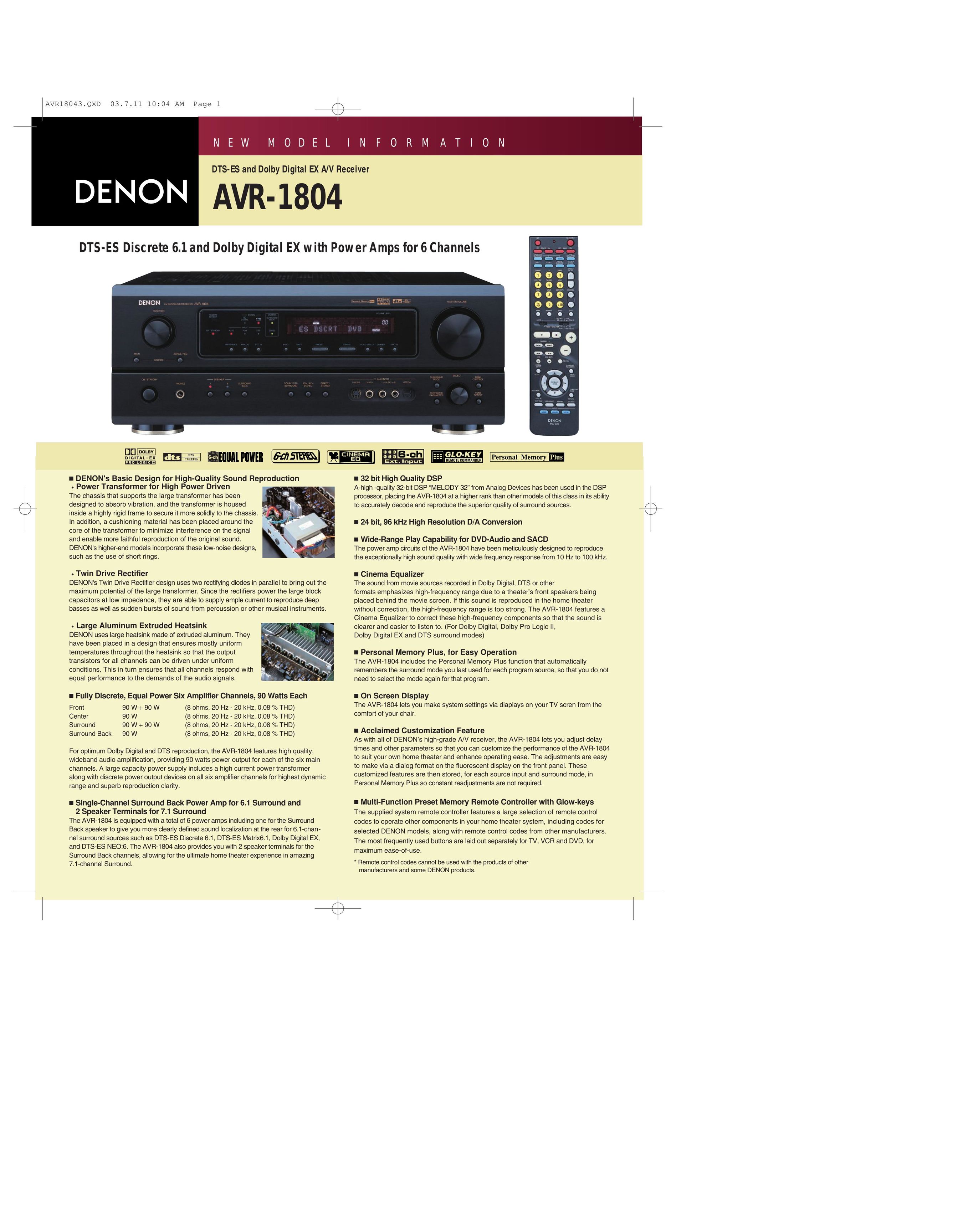 Denon AVR-1804 Stereo System User Manual