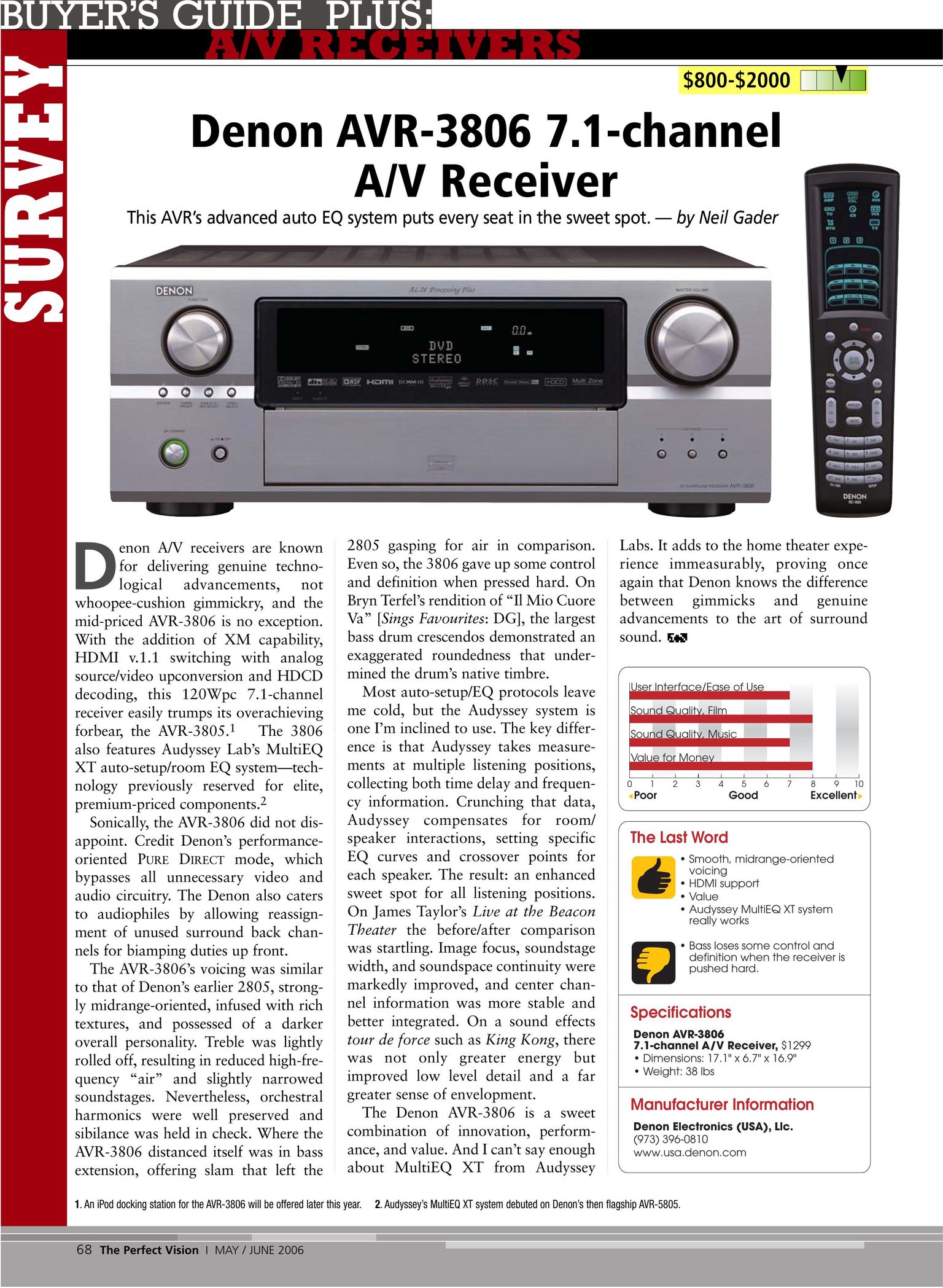 Denon AVR-3806 Stereo System User Manual