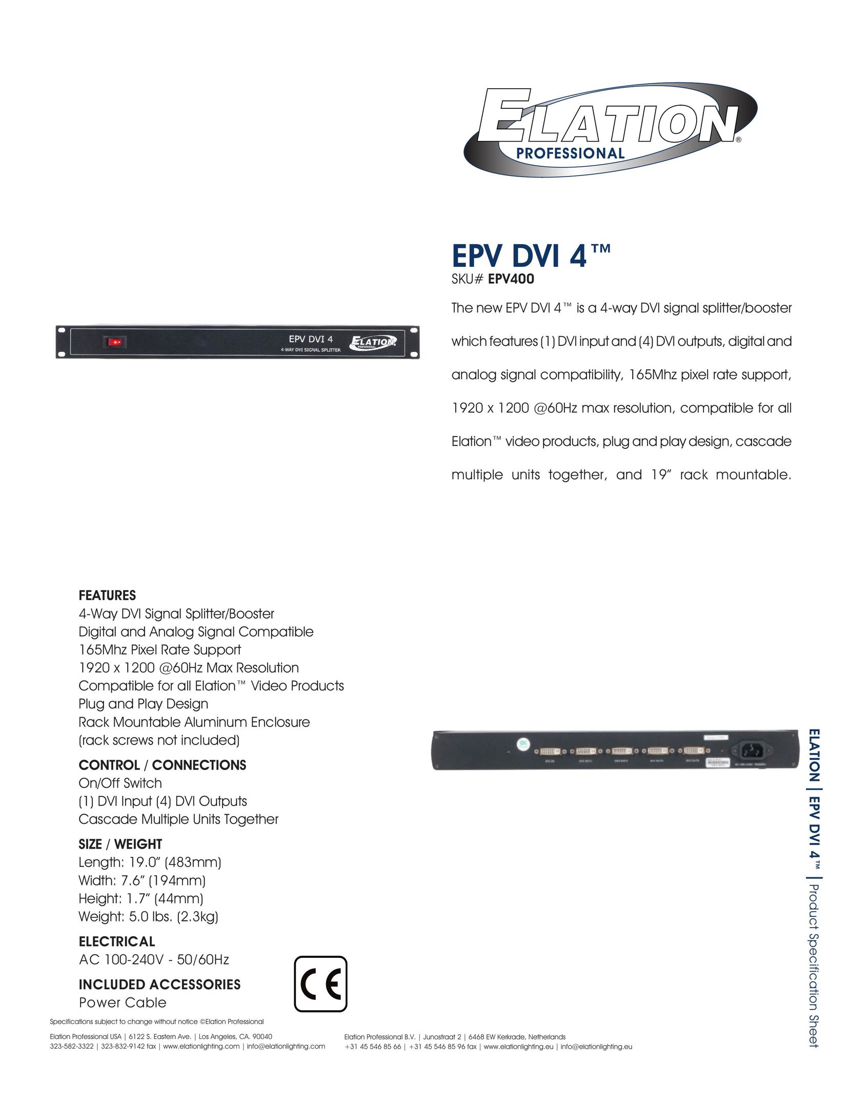 Elation Professional EPV400 Stereo System User Manual