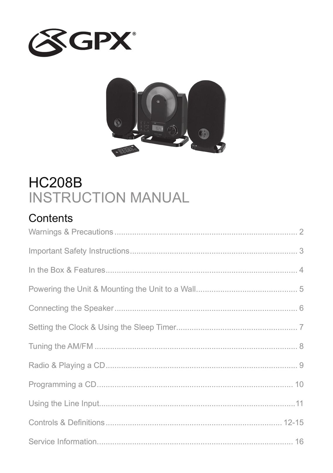 GPX HC208B Stereo System User Manual