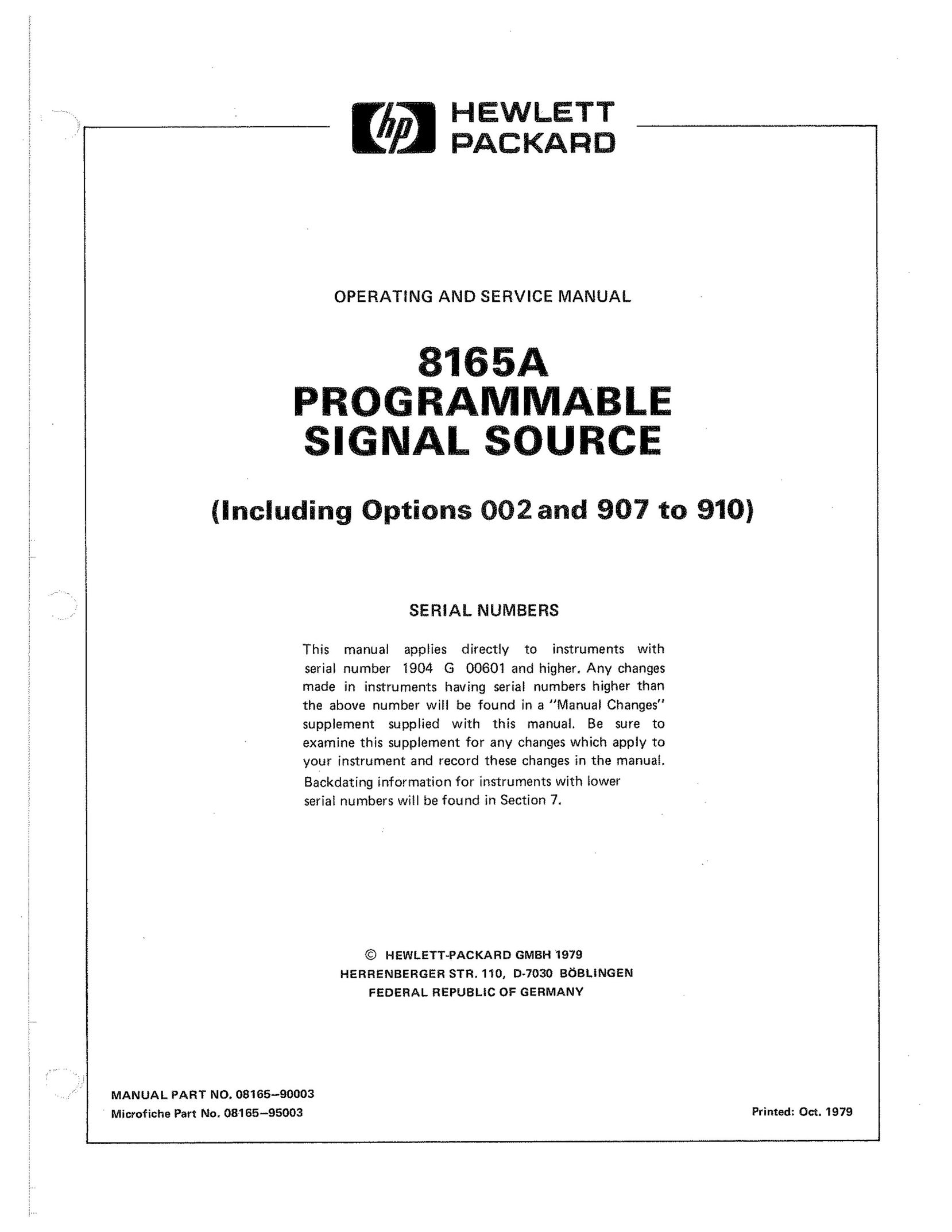 HP (Hewlett-Packard) 8165A Stereo System User Manual