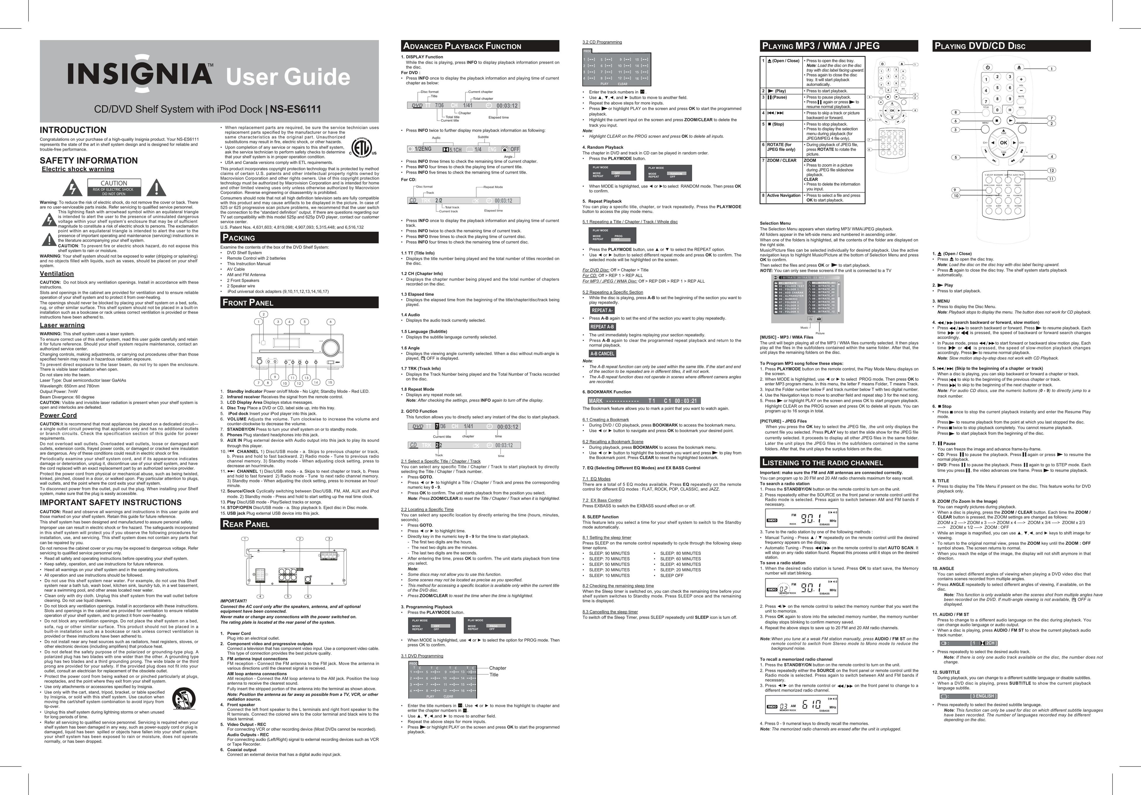 Insignia NS-ES6111 Stereo System User Manual