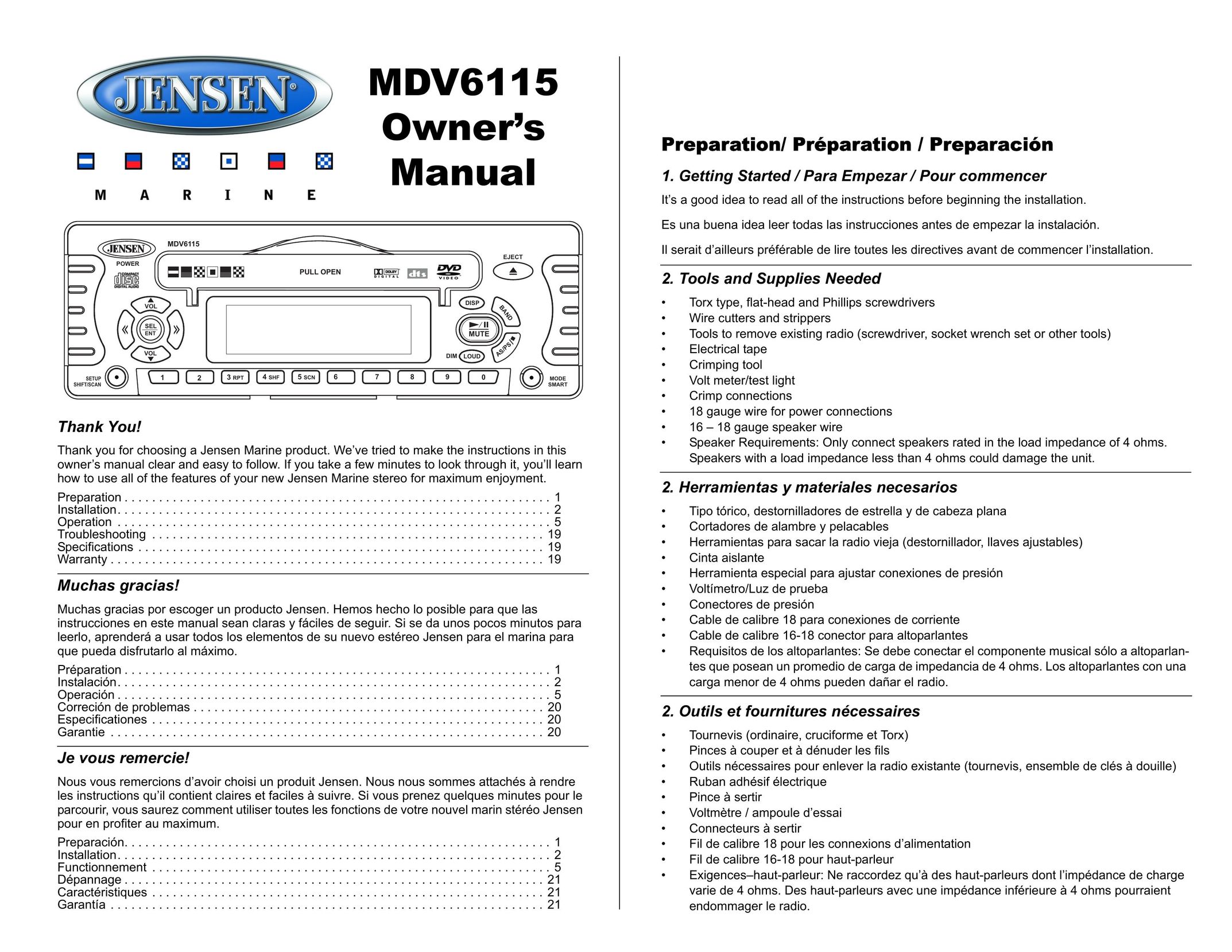 Jensen Tools MDV6115 Stereo System User Manual