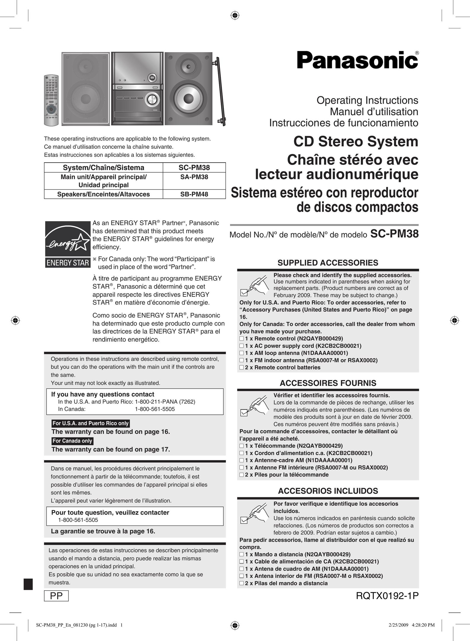 Panasonic SA-PM38 Stereo System User Manual