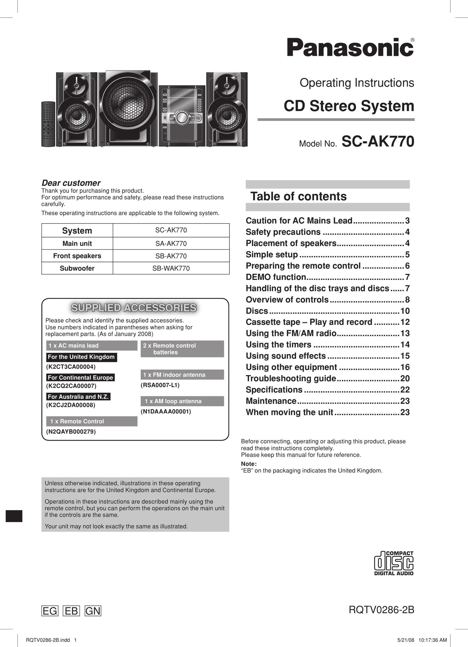 Panasonic SB-WAK770 Stereo System User Manual