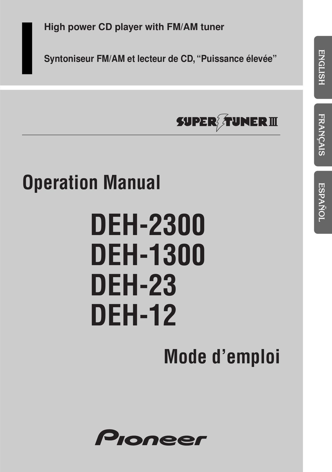 Pioneer DEH-12 Stereo System User Manual
