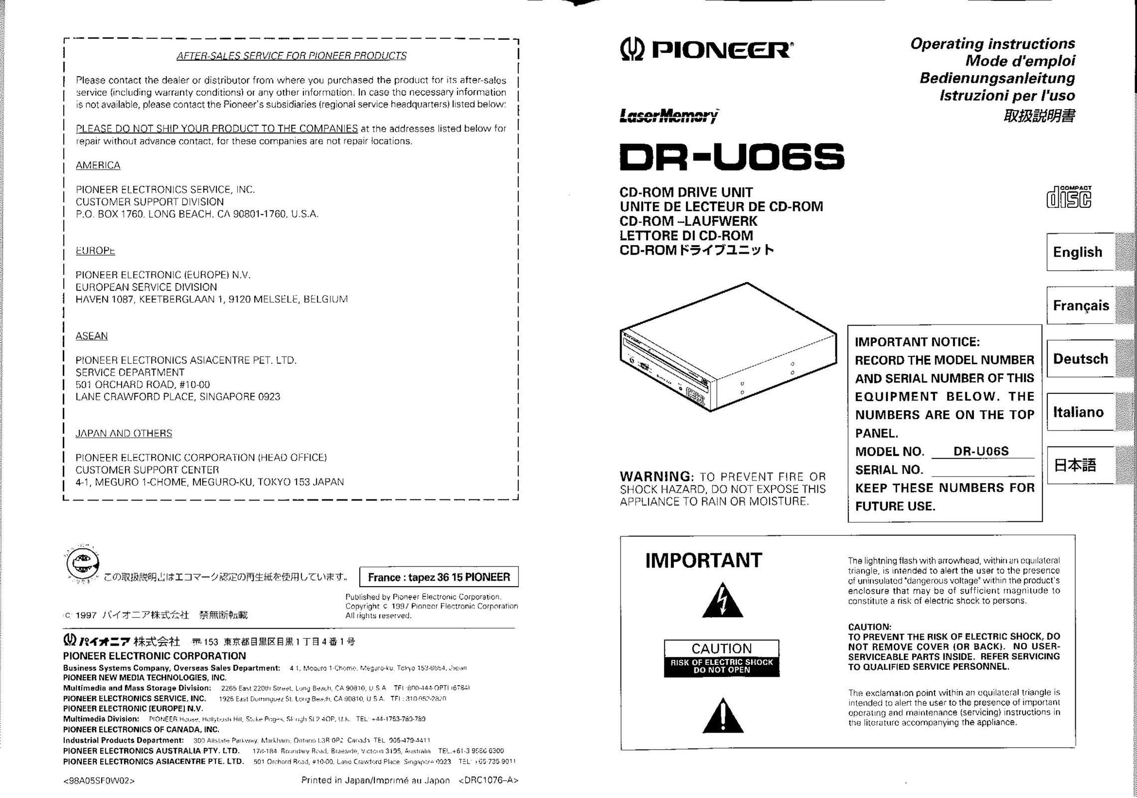 Pioneer DR-UO6S Stereo System User Manual