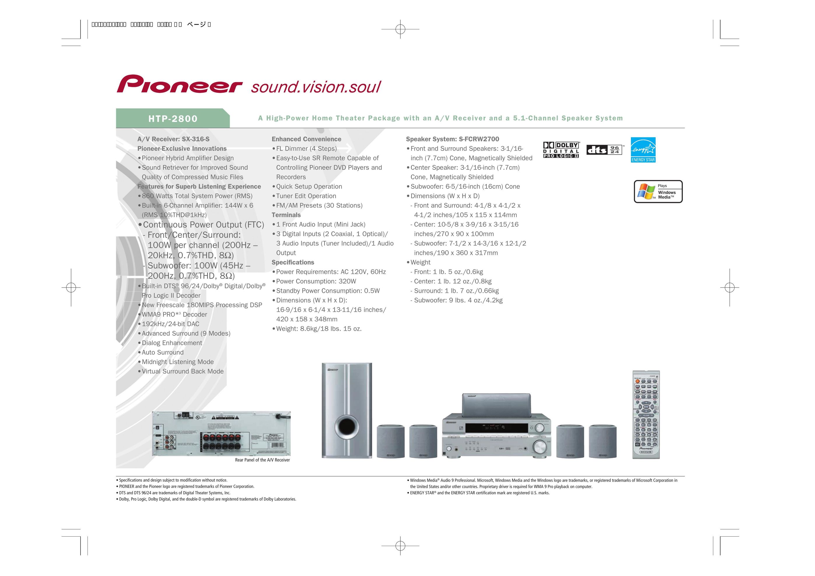Pioneer HTP-2800 Stereo System User Manual