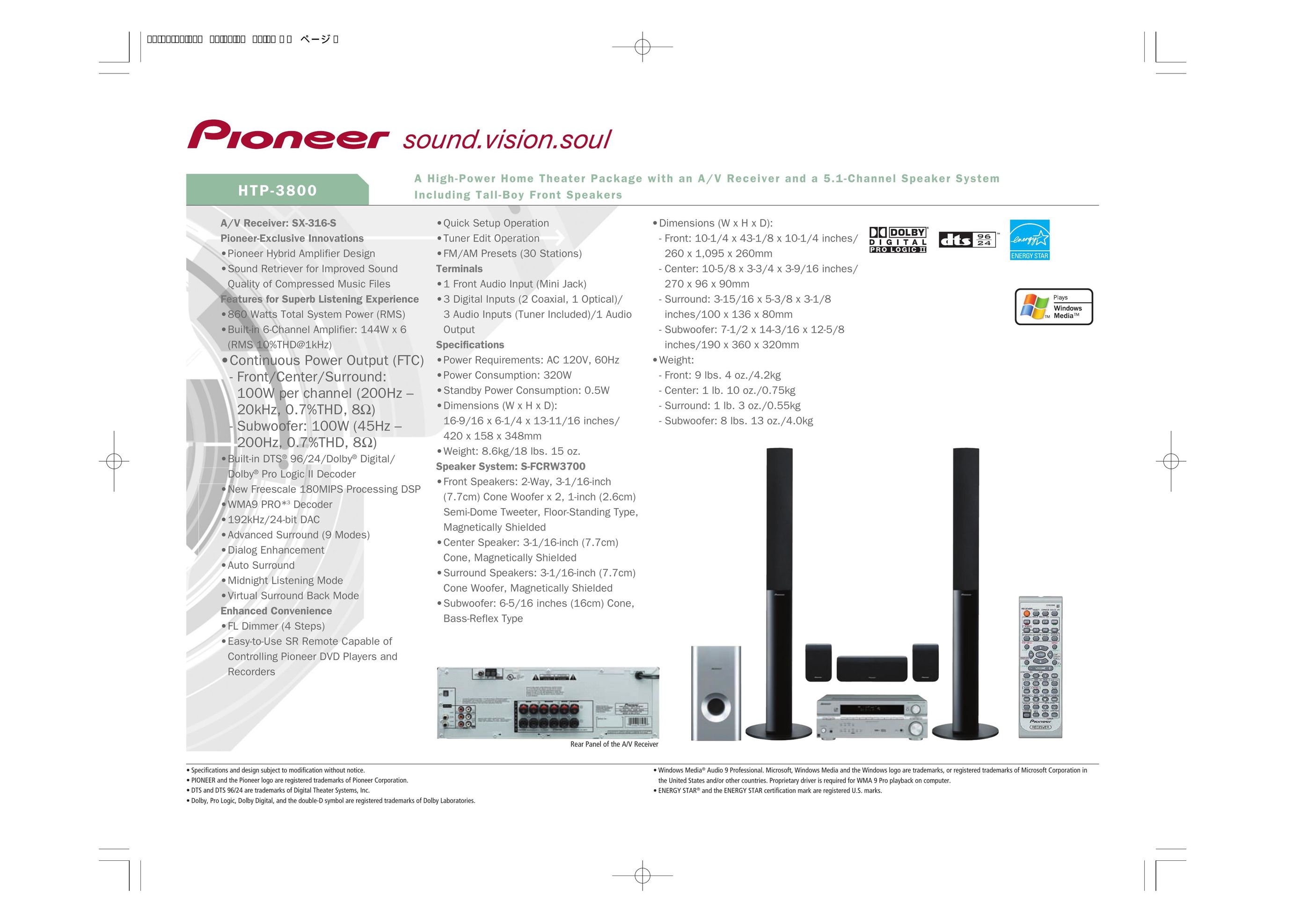 Pioneer HTP-3800 Stereo System User Manual