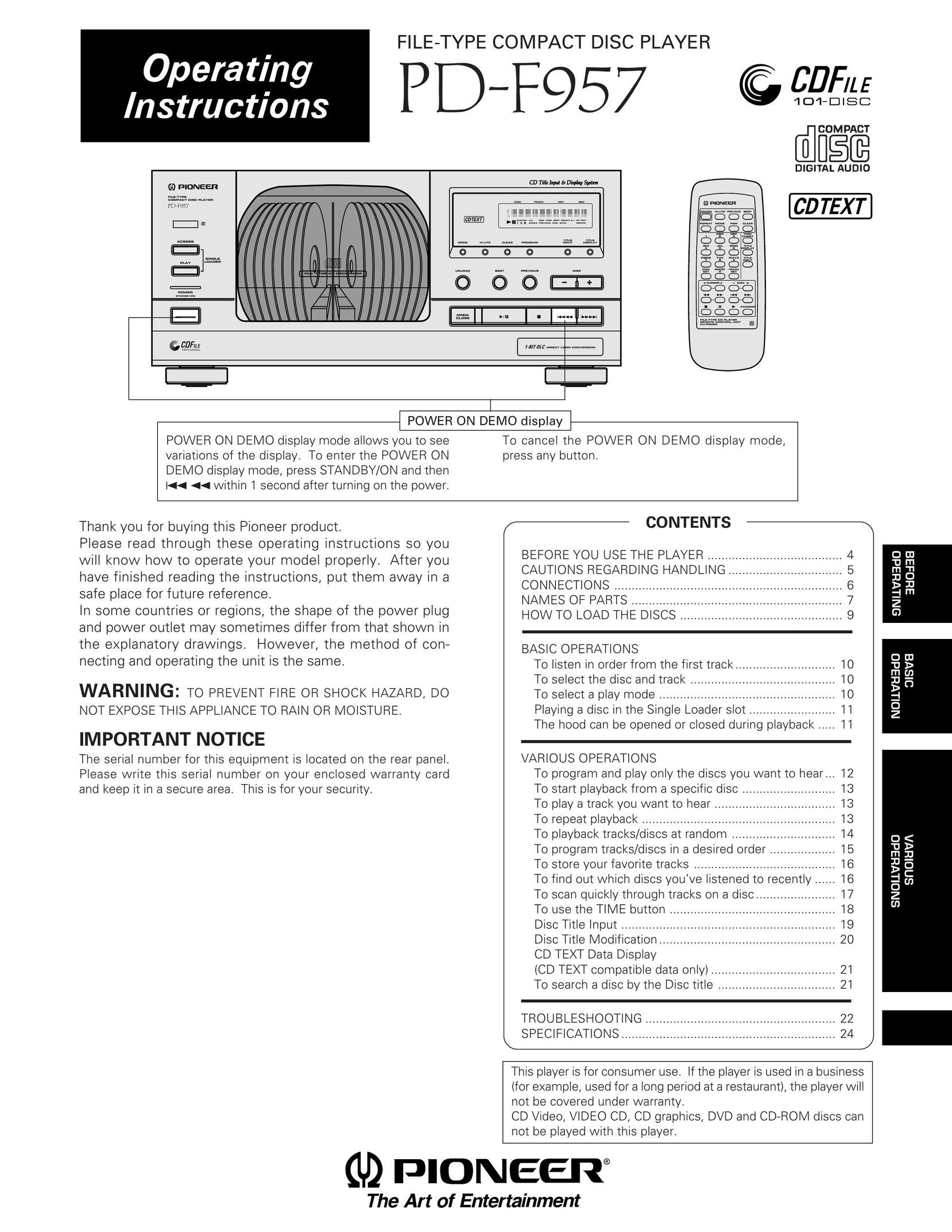 Pioneer PD-F957 Stereo System User Manual