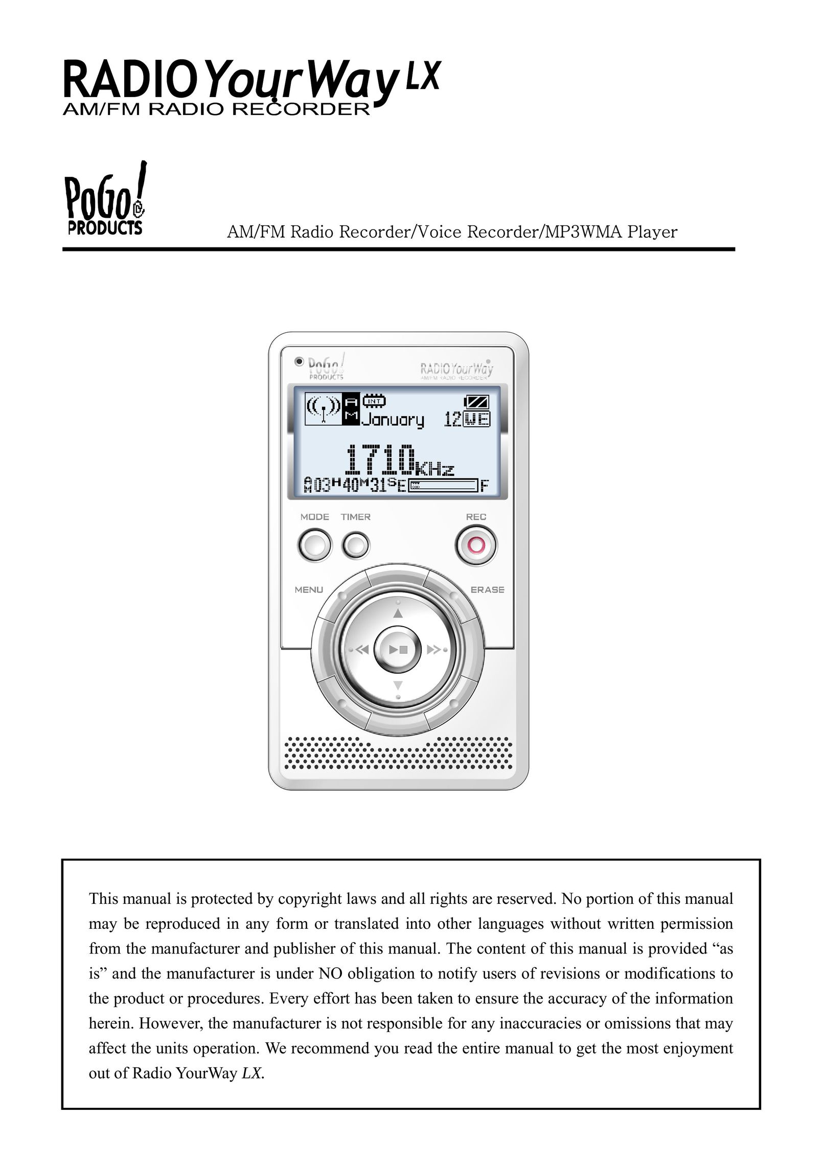 PoGo Products AM/FM Radio Recorder/Voice Recorder/MP3WMA Player Stereo System User Manual
