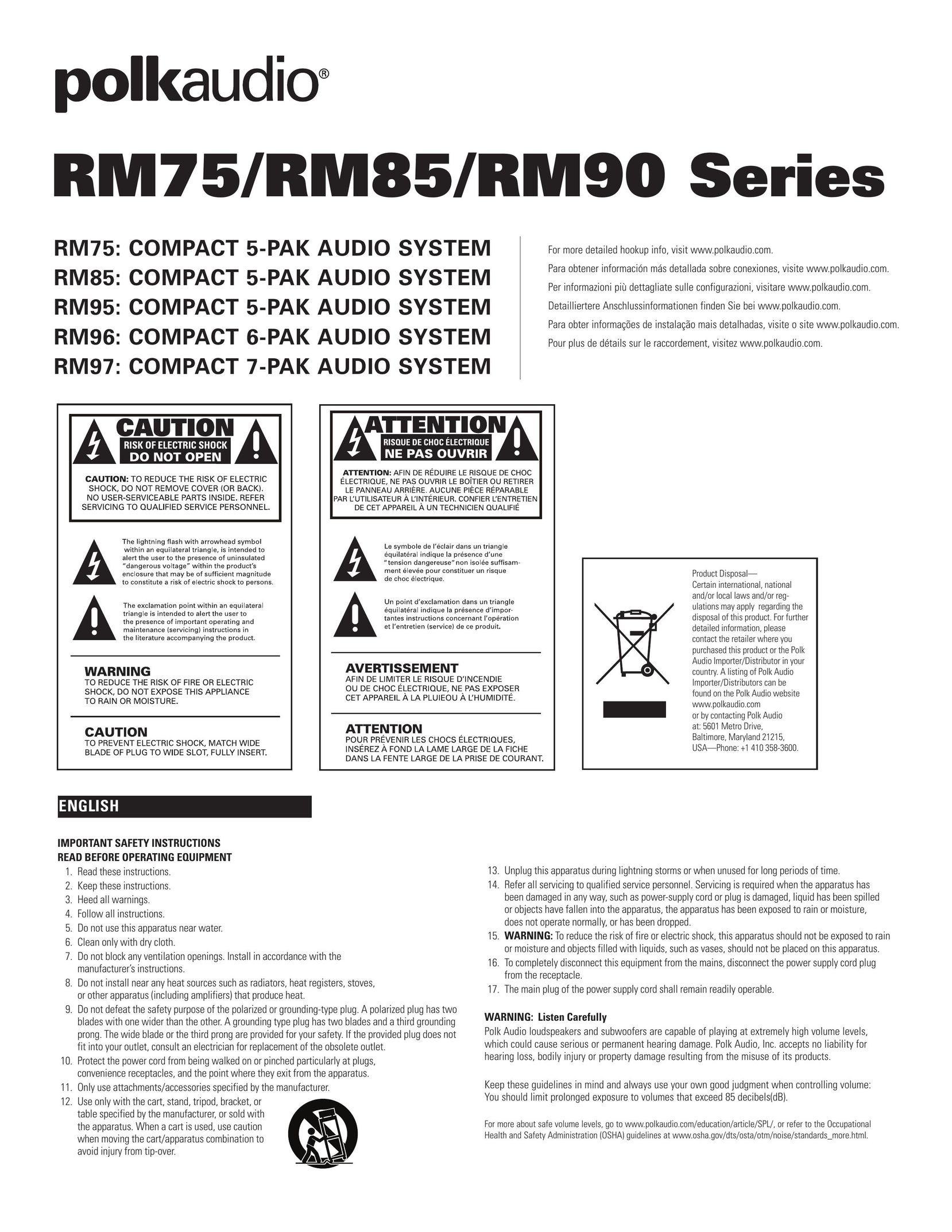 Polk Audio RM75 Stereo System User Manual