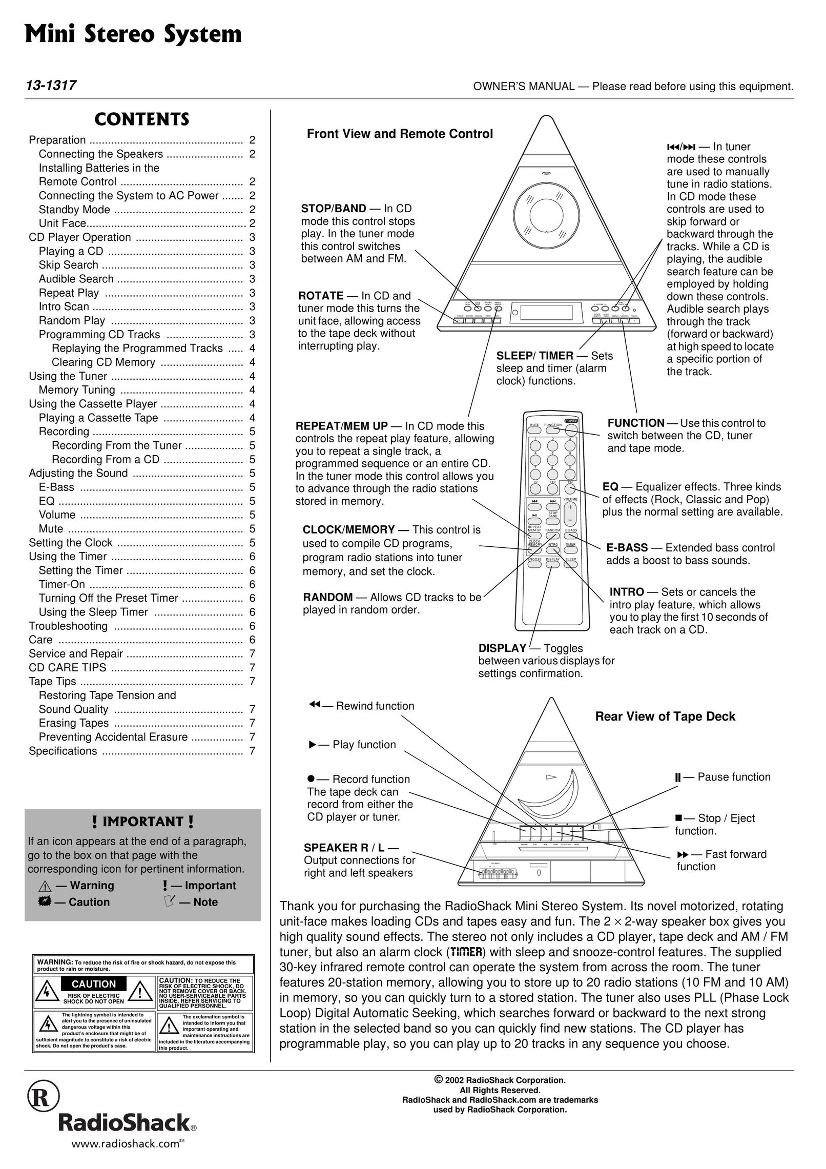 Radio Shack 13-1317 Stereo System User Manual