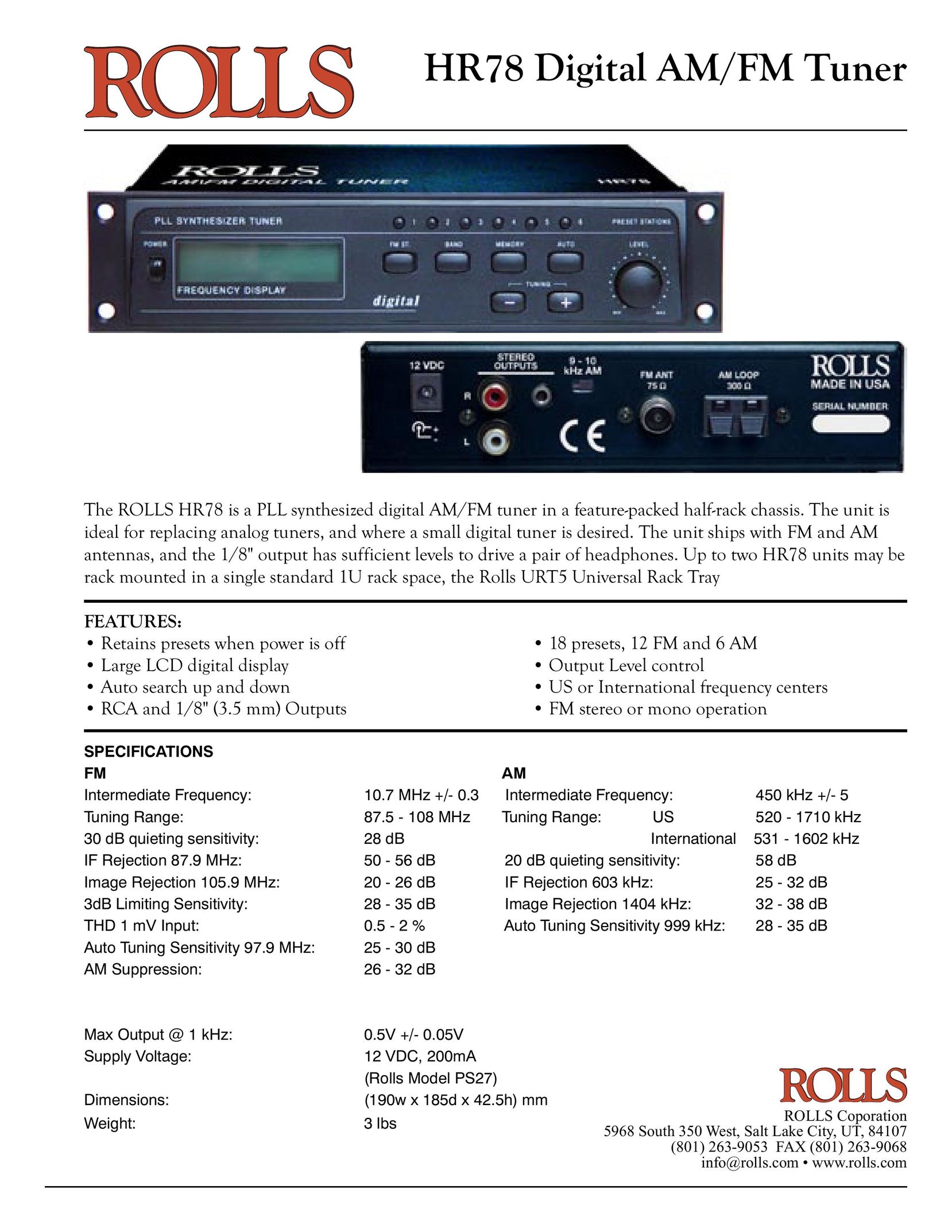 Rolls HR78 Stereo System User Manual