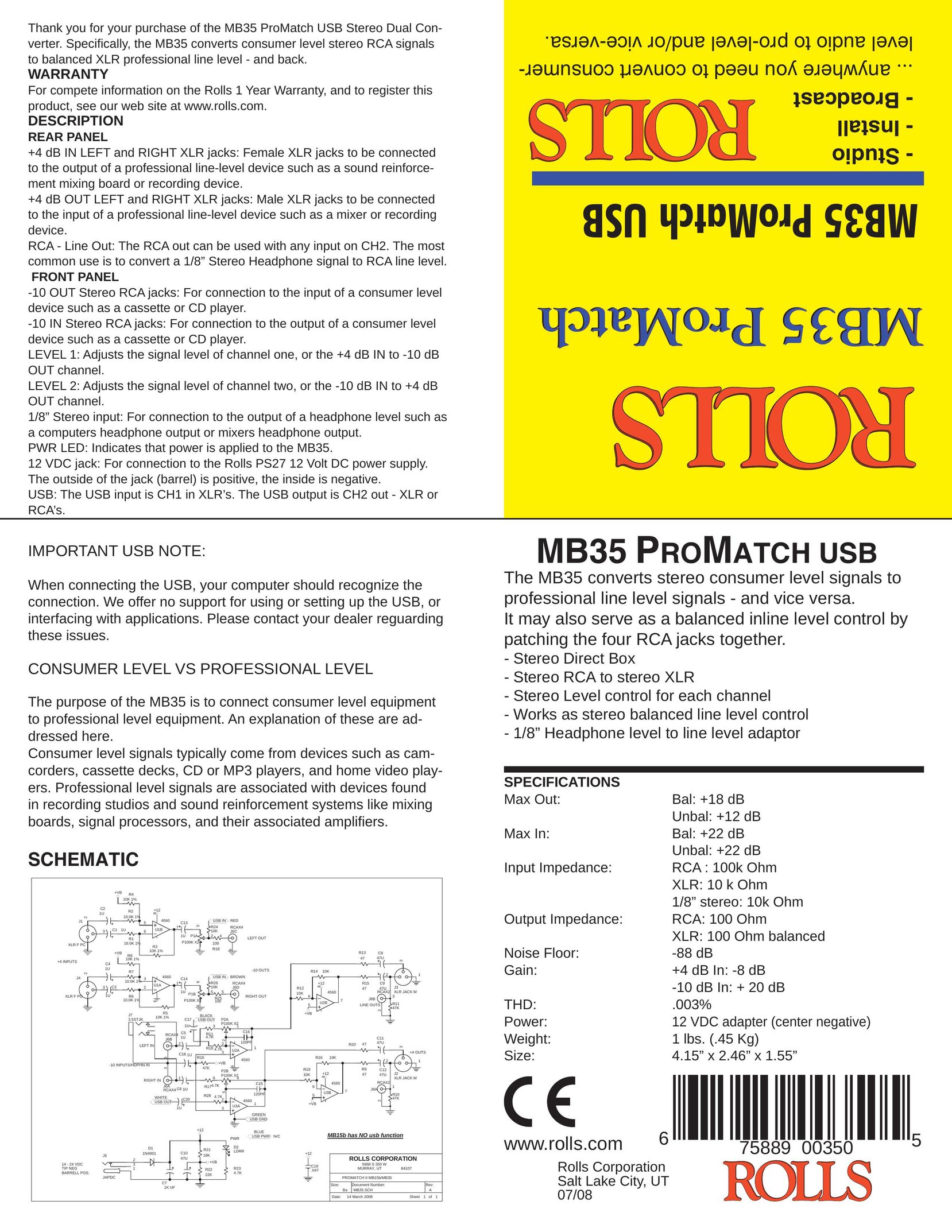 Rolls MB35 Stereo System User Manual