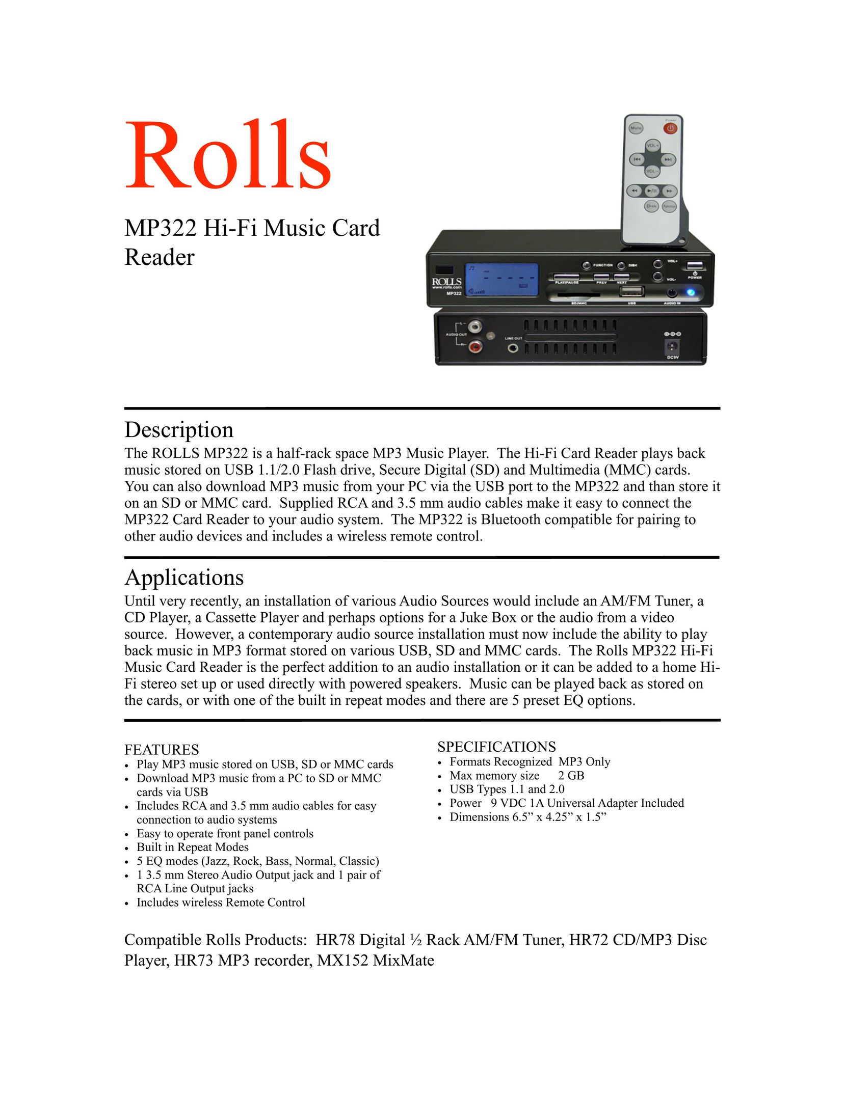 Rolls MP322 Stereo System User Manual