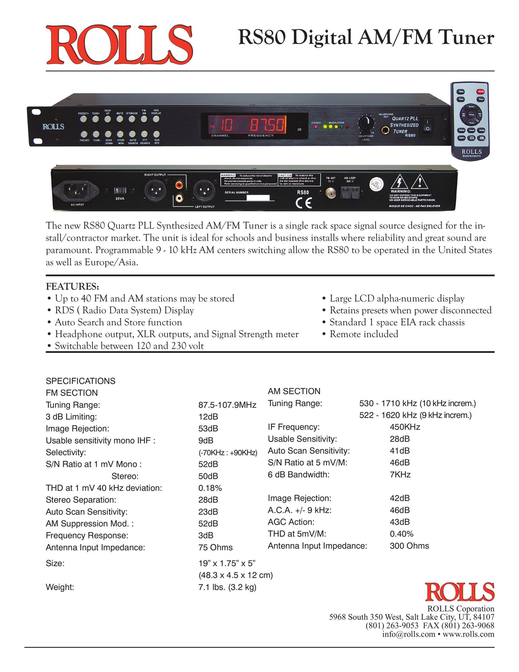 Rolls RS80 Stereo System User Manual