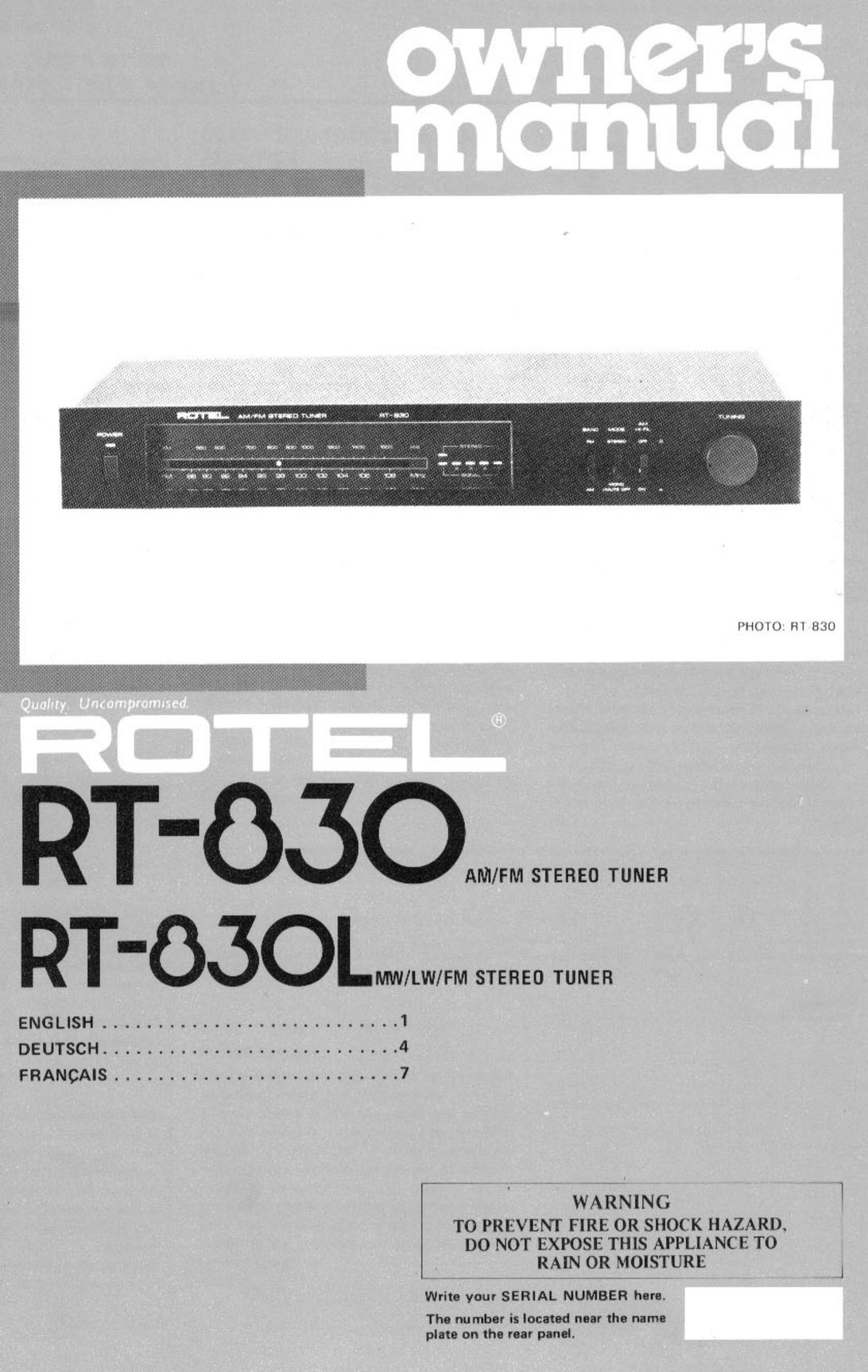 Rotel RT-830L Stereo System User Manual