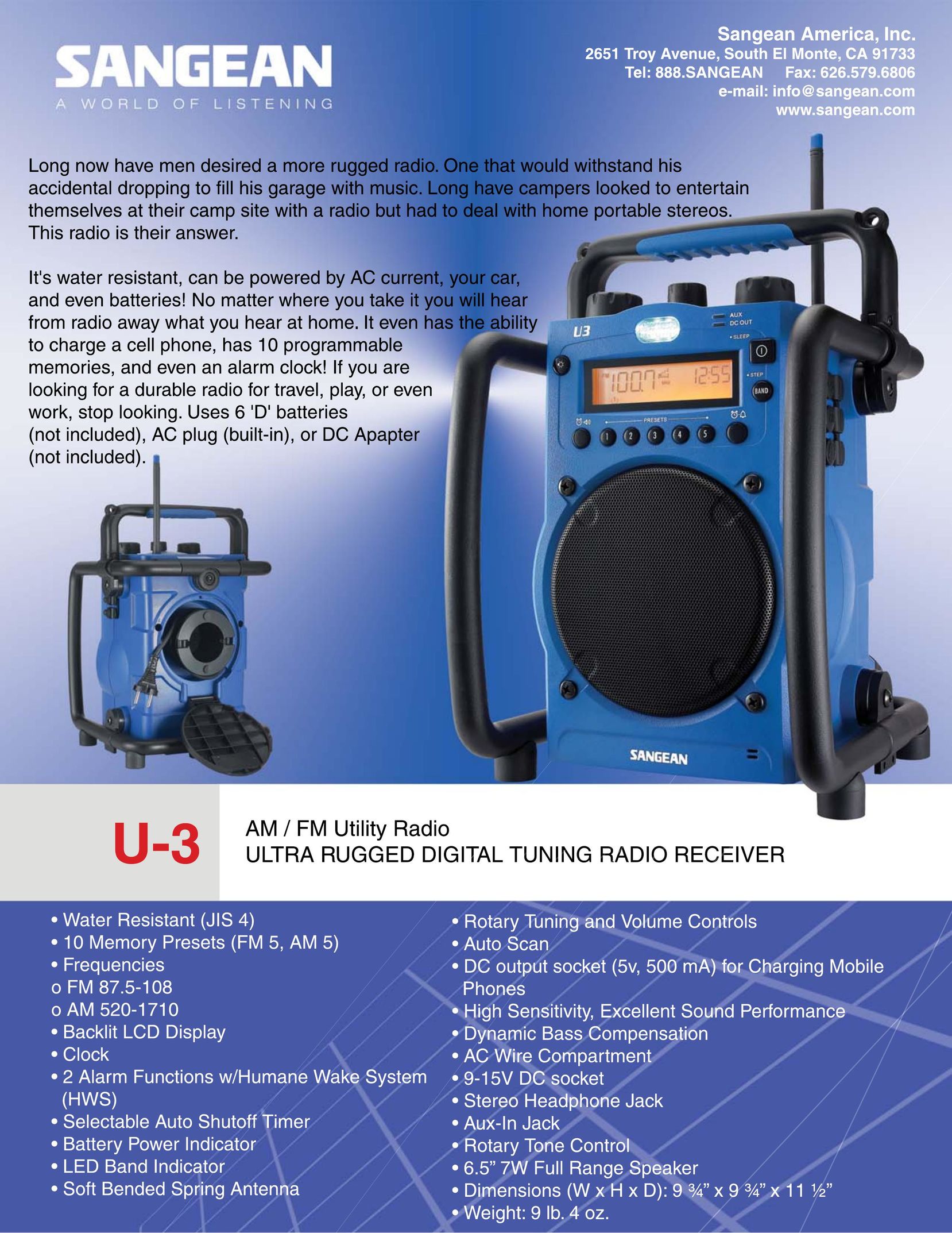 Sangean Electronics U-3 Stereo System User Manual