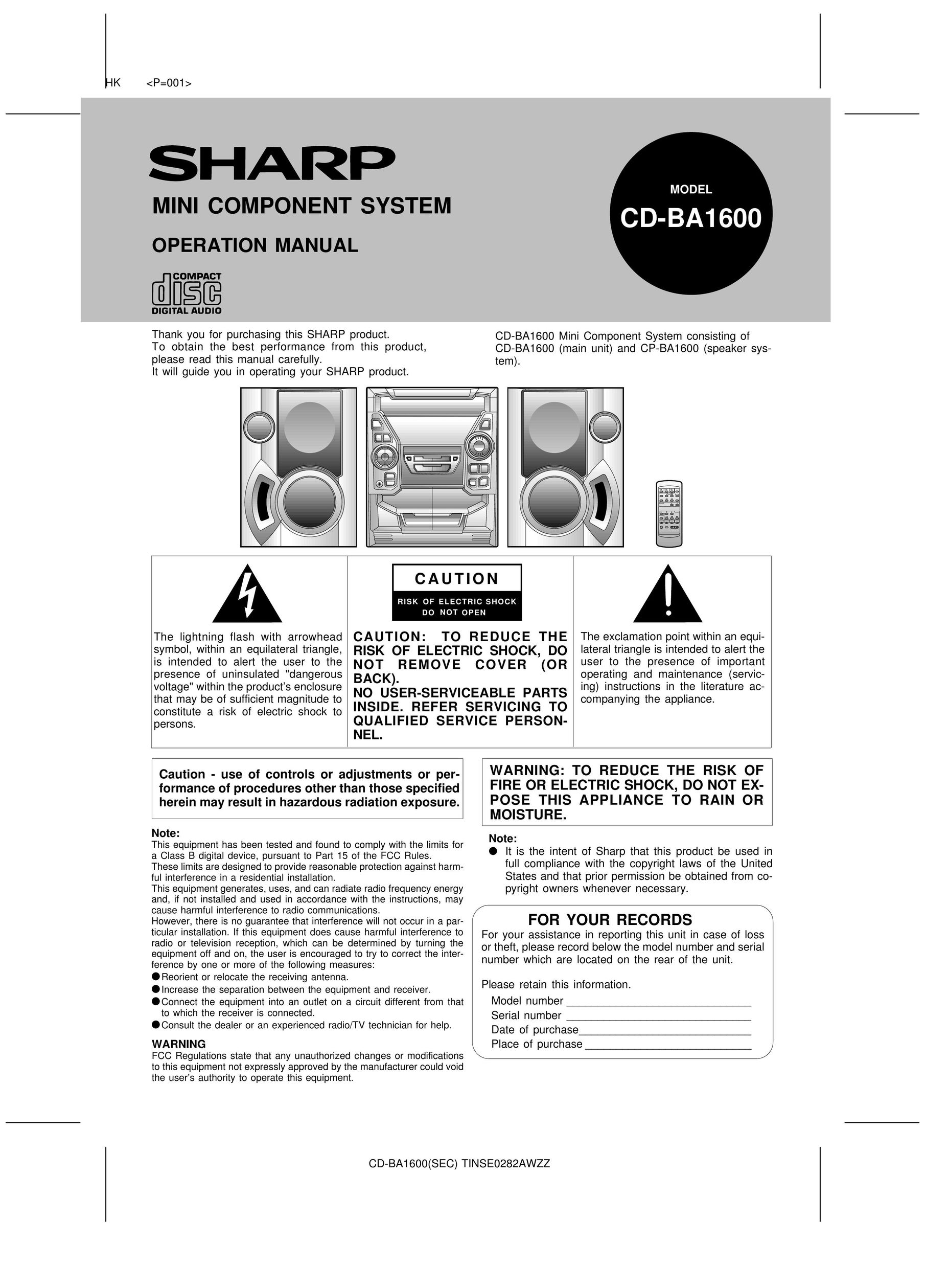 Sharp CD-BA1600 Stereo System User Manual