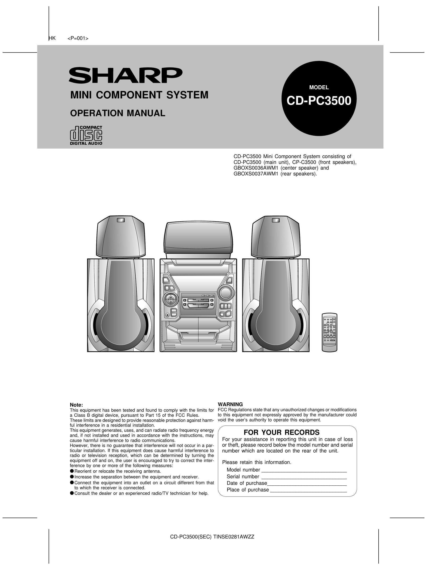 Sharp CD-PC3500 Stereo System User Manual