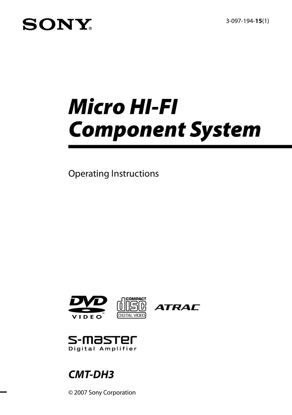 Sony 3-097-194-15(1) Stereo System User Manual