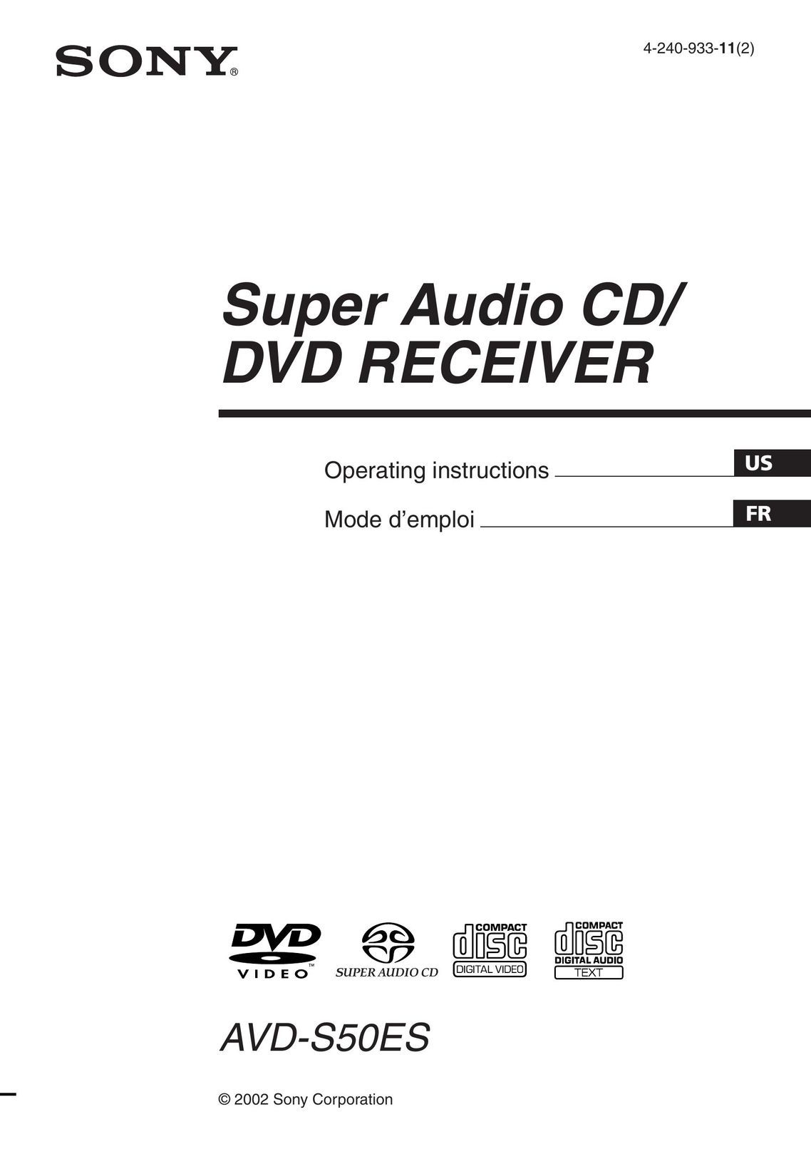 Sony AVD-S50ES Stereo System User Manual