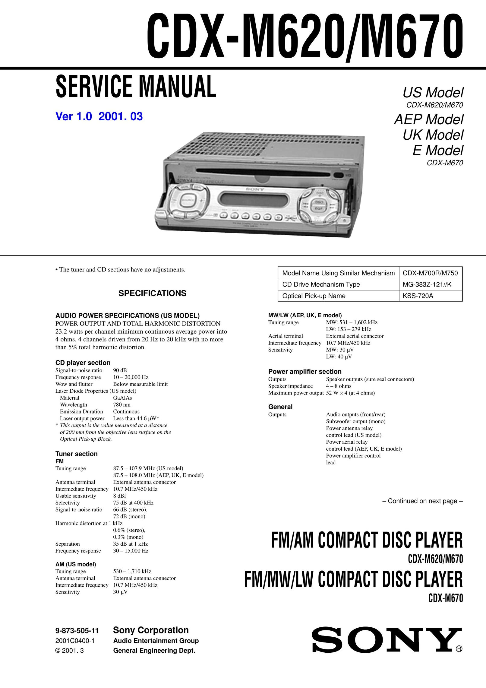 Sony Ericsson CDX-M620 Stereo System User Manual