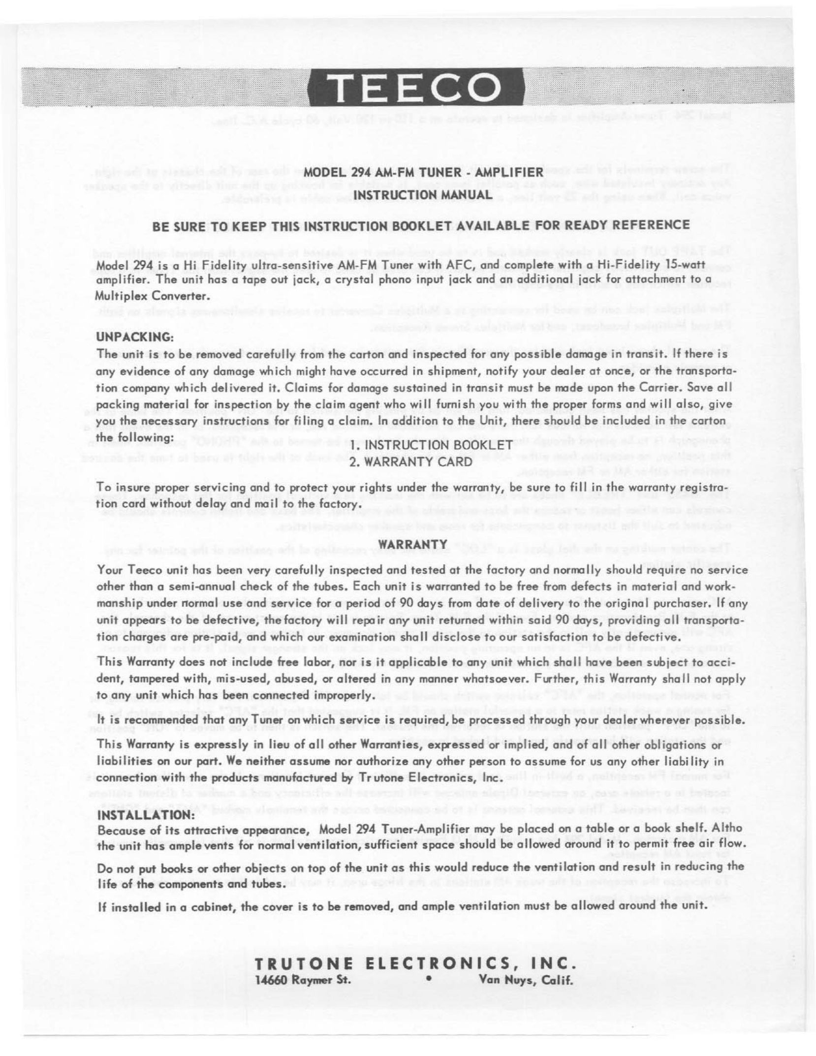 Telex 294 Stereo System User Manual