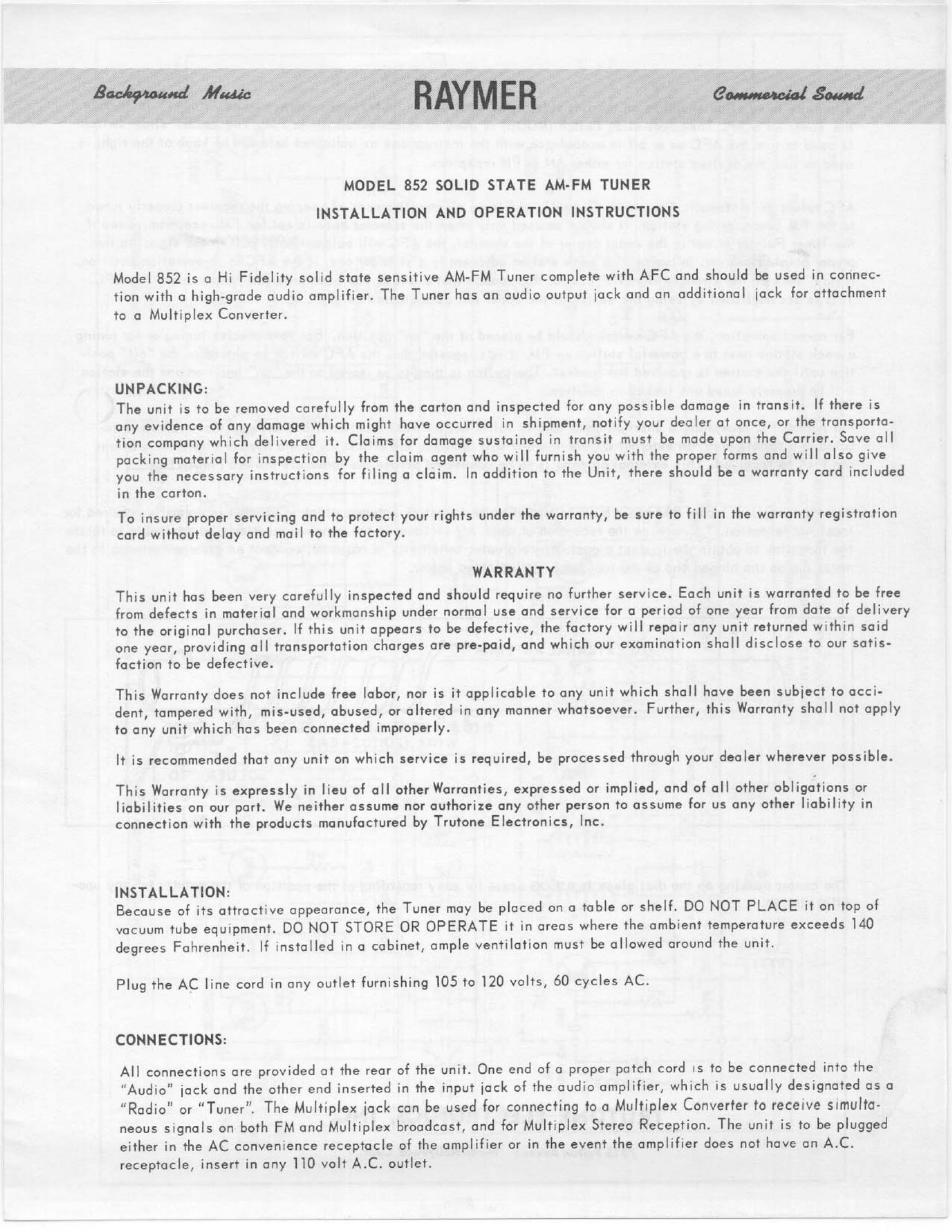 Telex 852 Stereo System User Manual