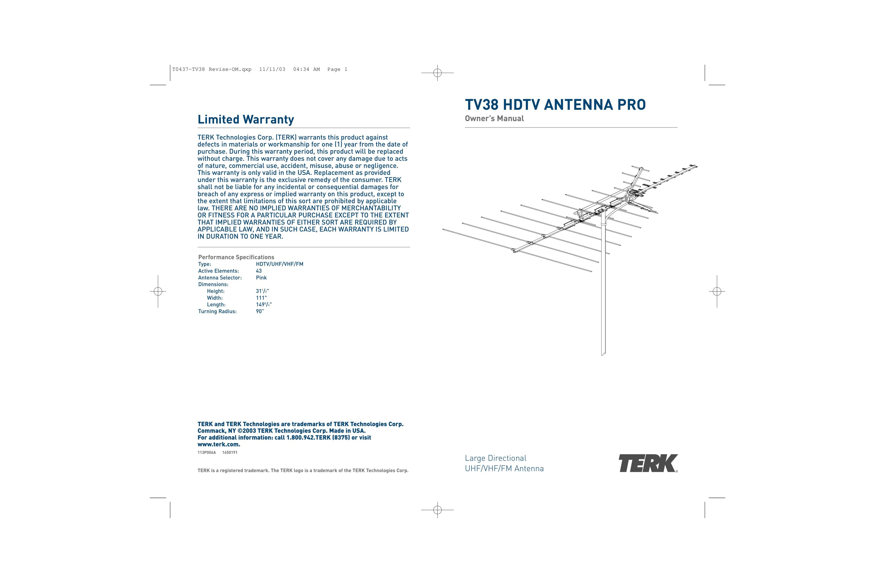 TERK Technologies TV38 HDTV Stereo System User Manual