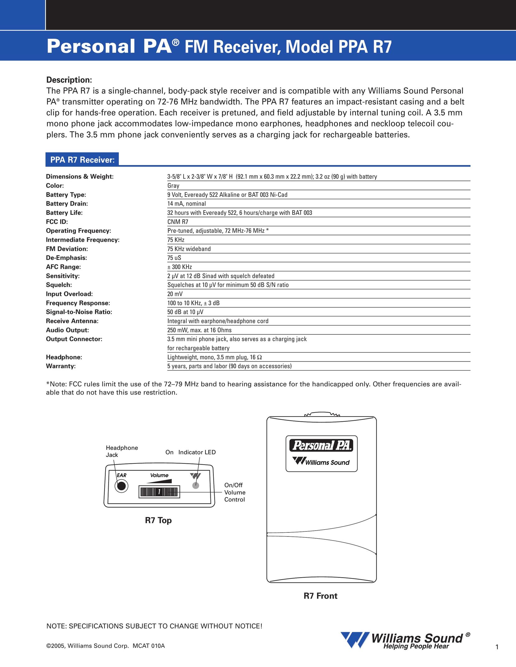 Williams Sound PPA R7 Stereo System User Manual