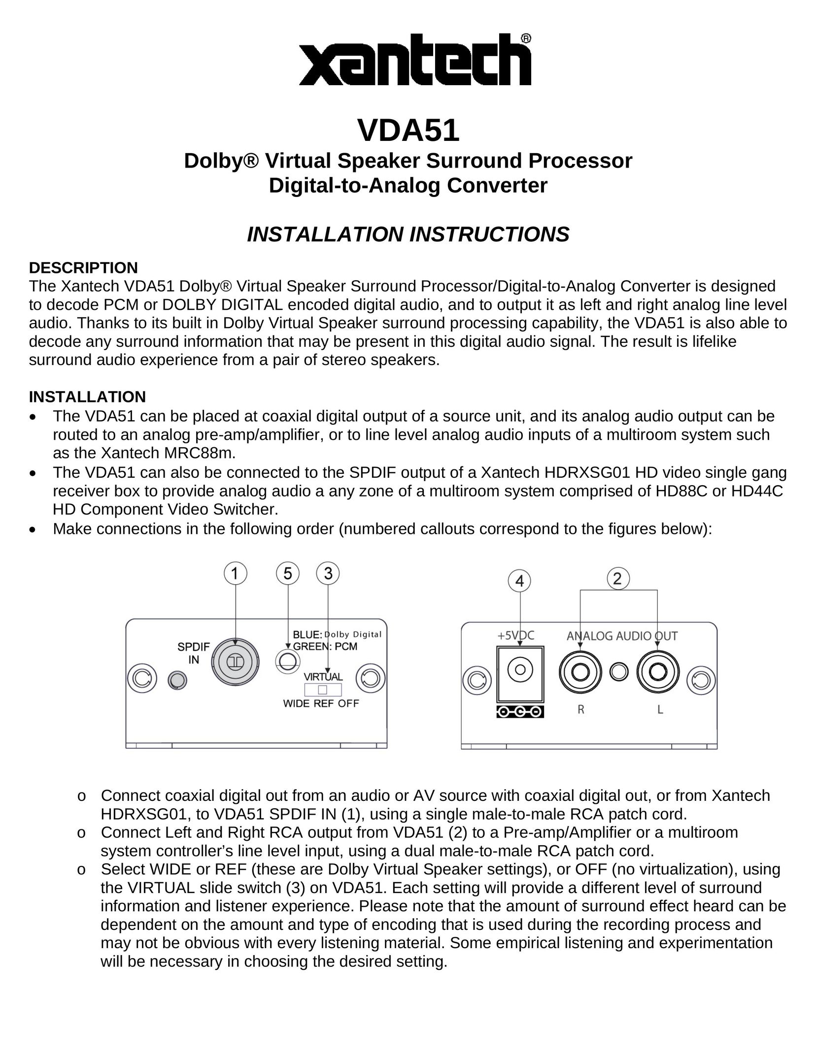 Xantech VDA51 Stereo System User Manual