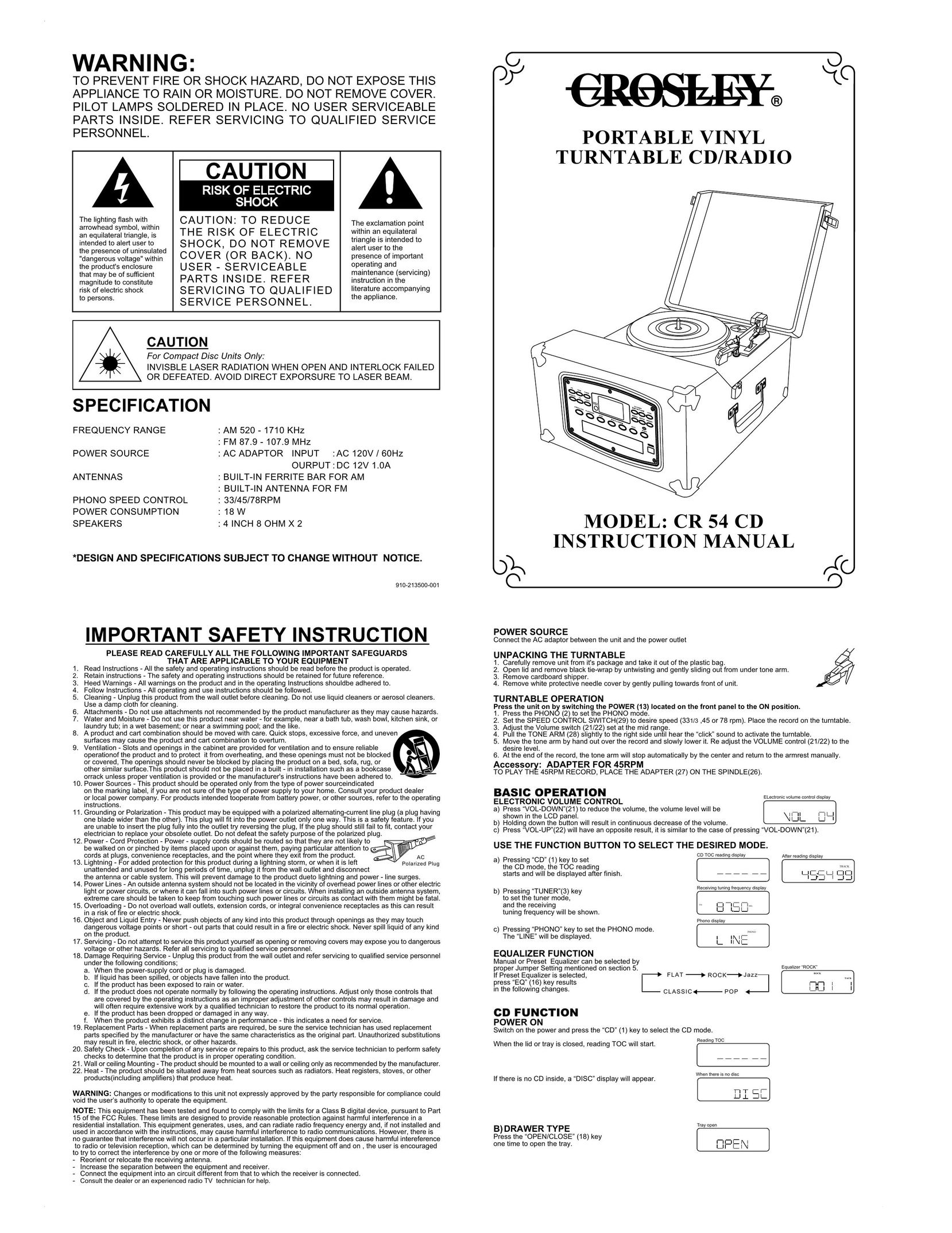 Crosley CR 54 CD Turntable User Manual