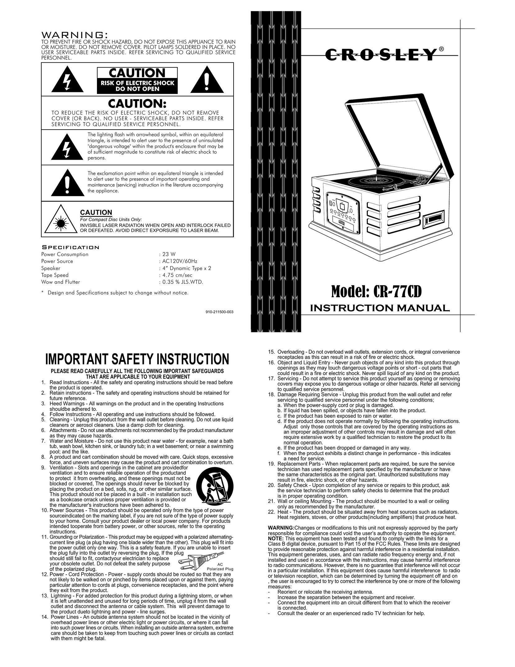 Crosley CR-77CD Turntable User Manual