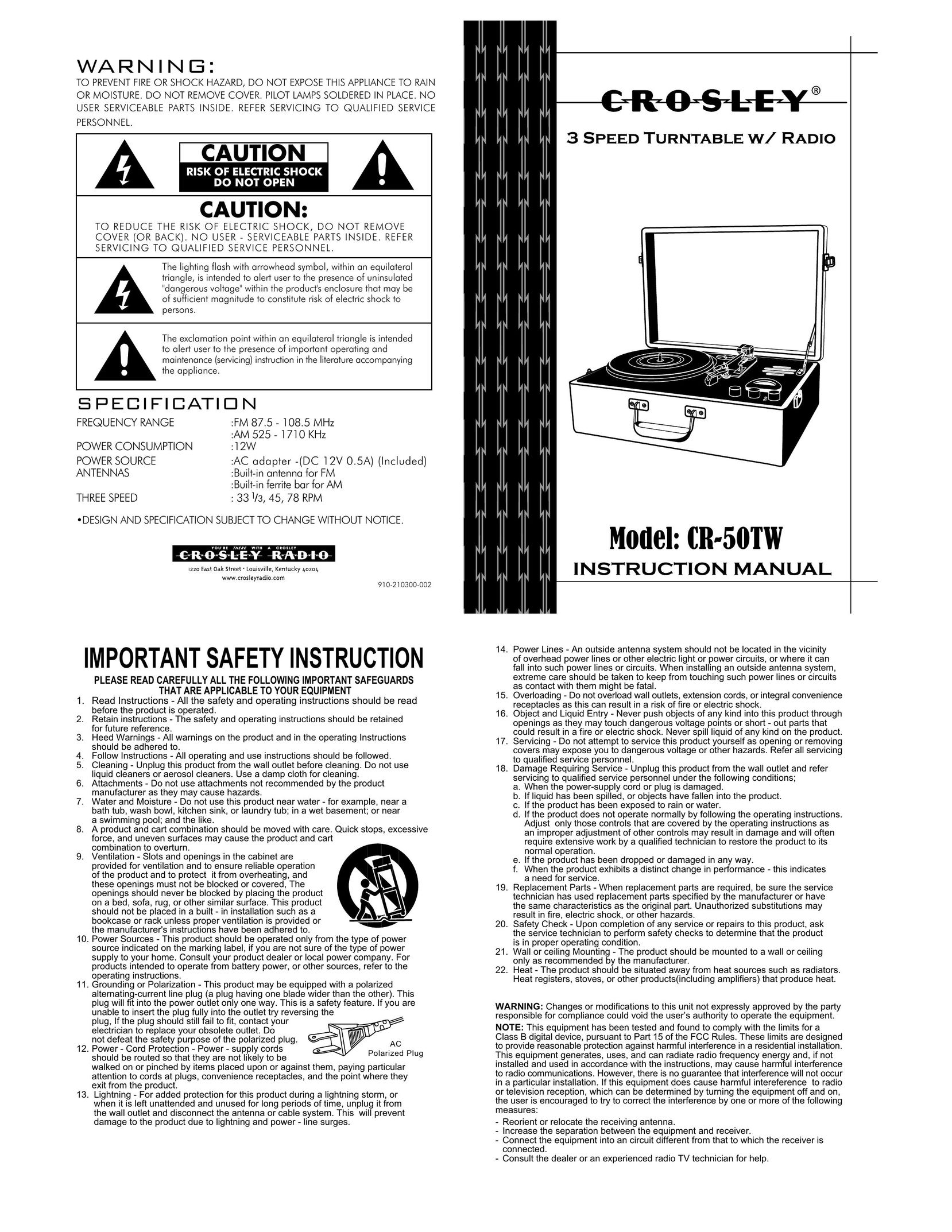 Crosley Radio CR-50TW Turntable User Manual