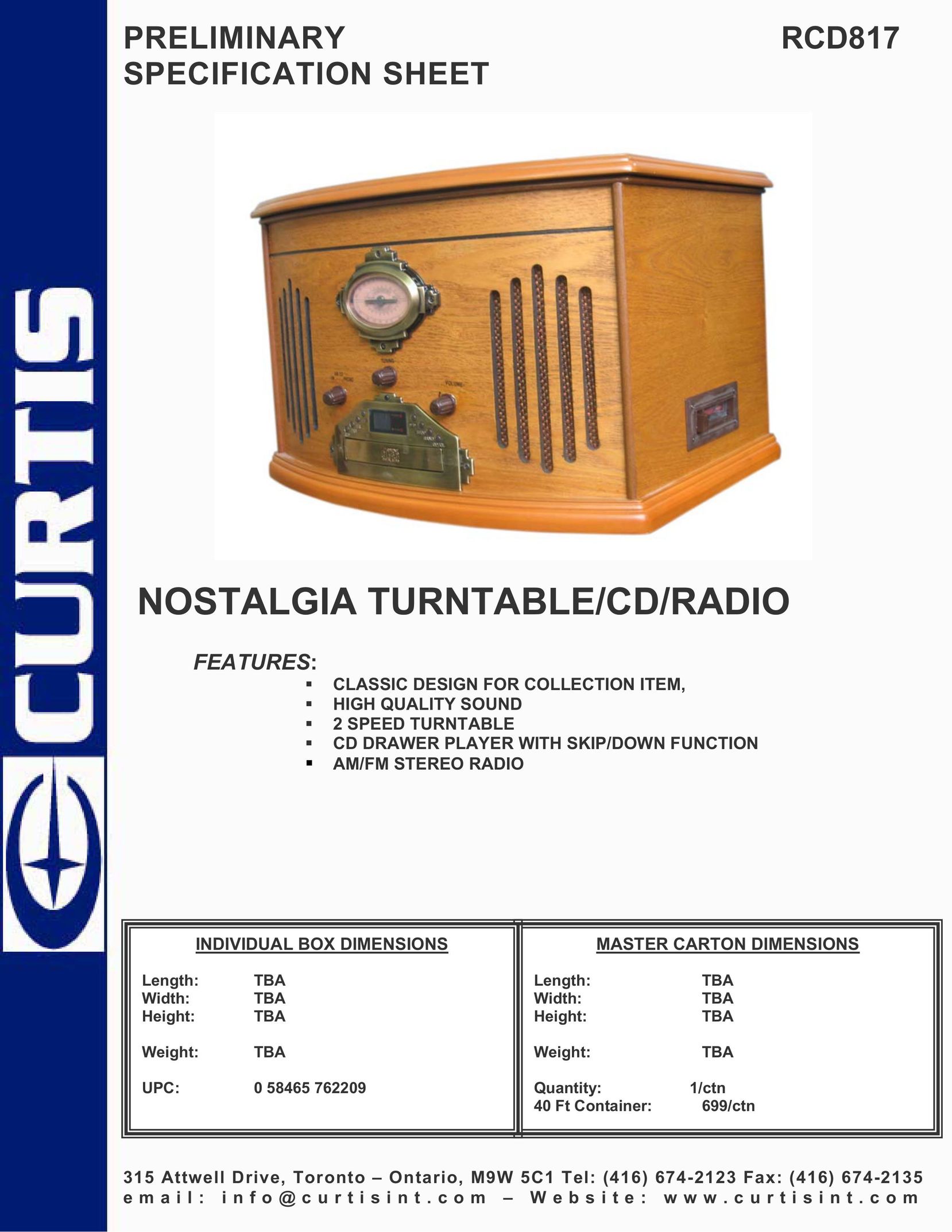 Curtis RCD817 Turntable User Manual