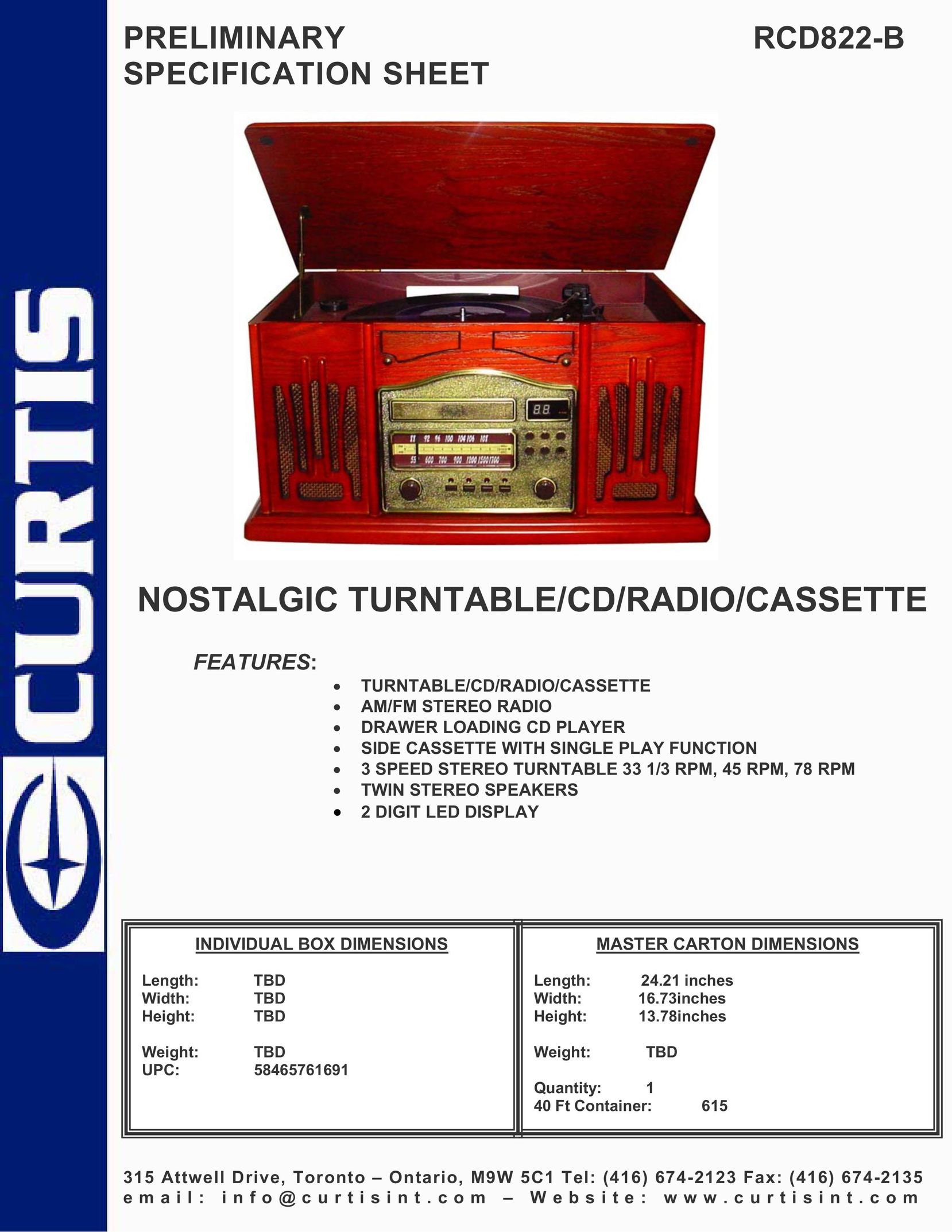 Curtis RCD822-B Turntable User Manual