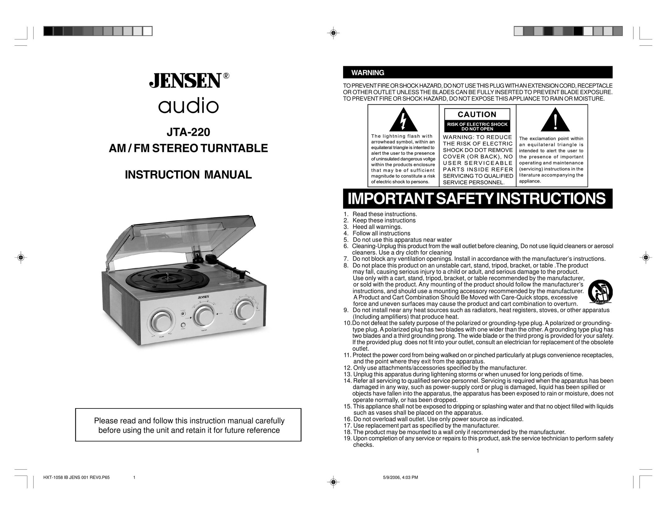 Jensen JTA-220 Turntable User Manual
